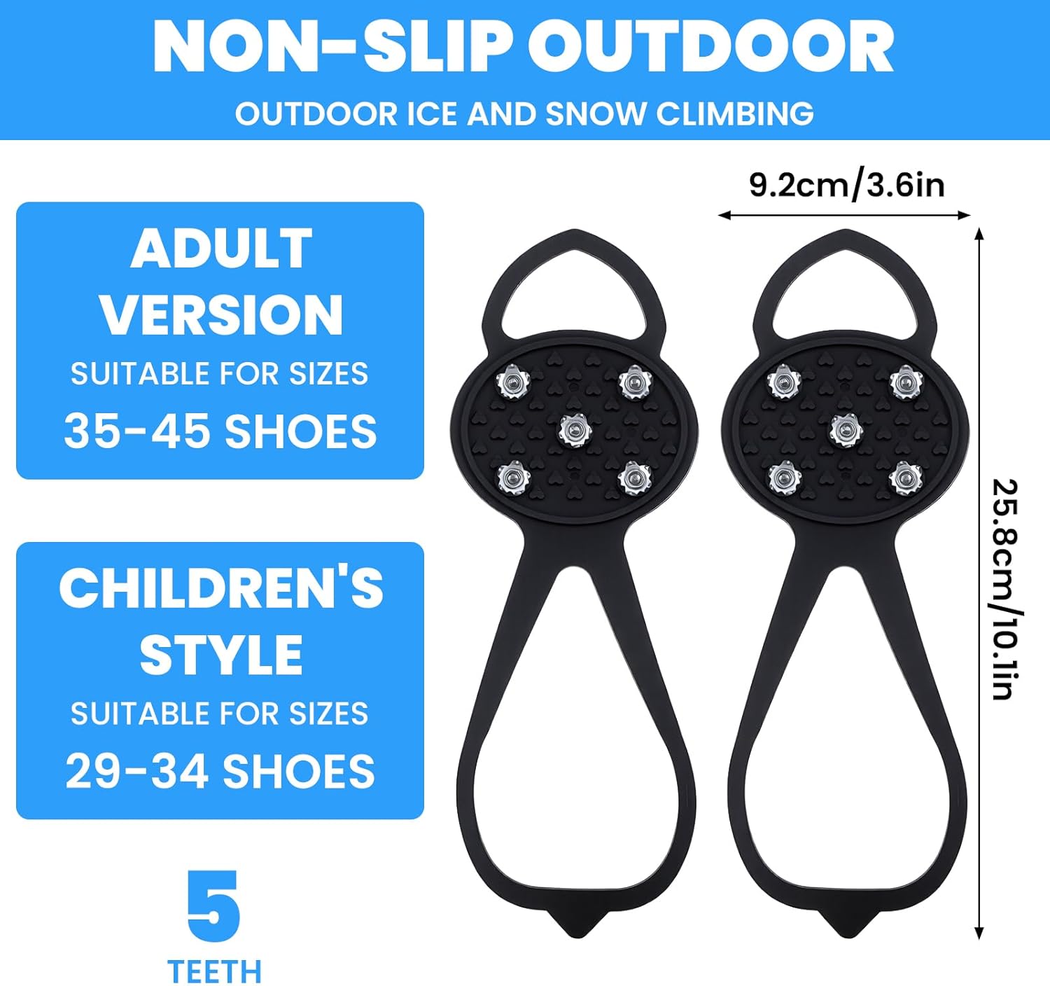 Anti-Slip Spikes Crampons with 5 Steel Teeth 2 Pairs for Traction on Ice and Snow - Image 2