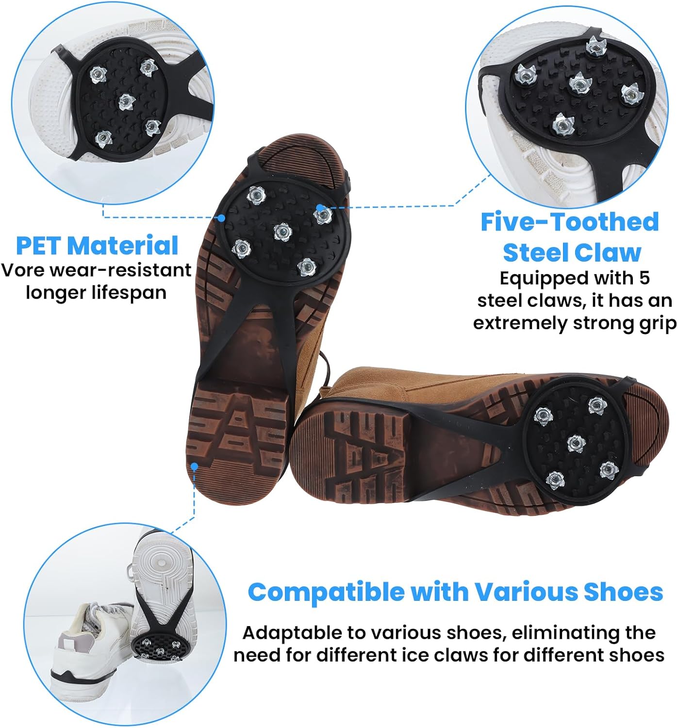 Anti-Slip Spikes Crampons with 5 Steel Teeth 2 Pairs for Traction on Ice and Snow - Image 4