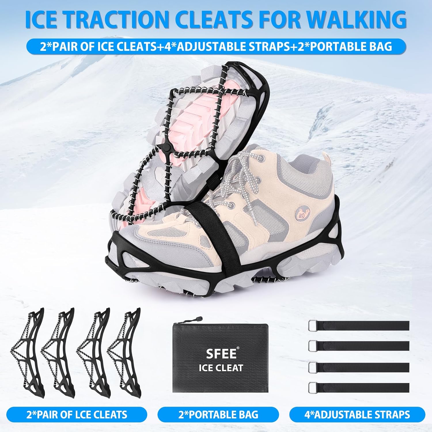 Anti-Slip Snow Shoes Covers Ice Grips Traction Cleats for Boots Shoes Size 38-43 2 Pairs - Image 2