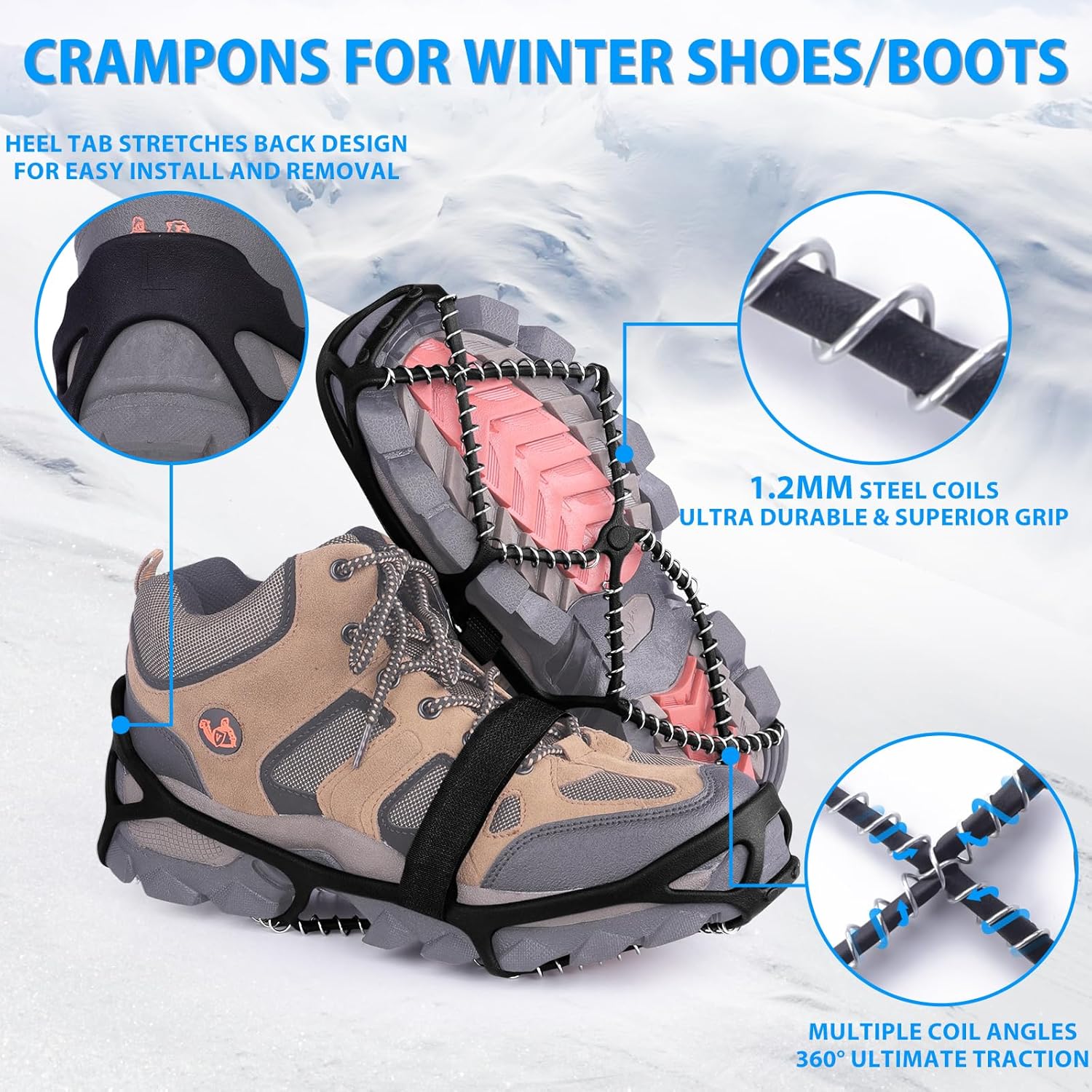 Anti-Slip Snow Shoes Covers Ice Grips Traction Cleats for Boots Shoes Size 38-43 2 Pairs - Image 3
