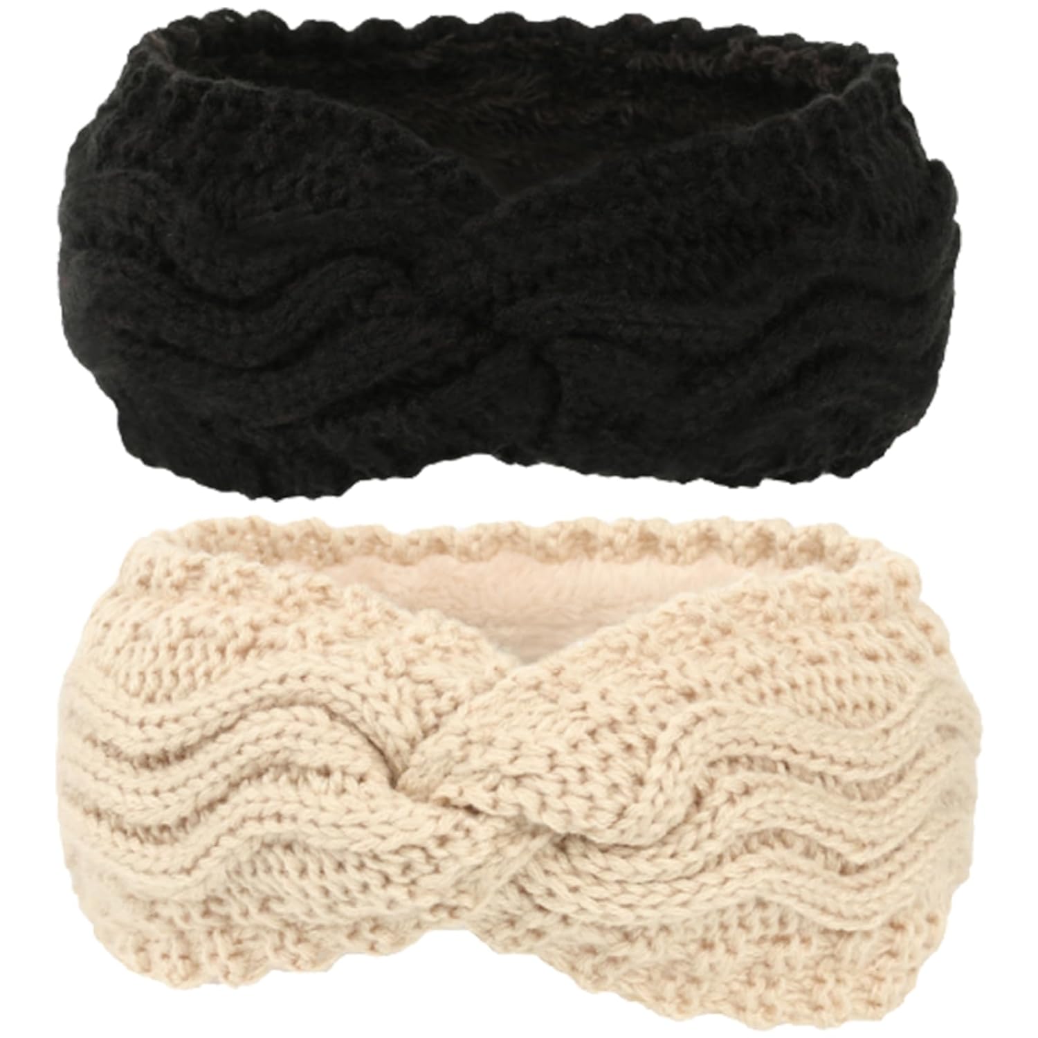 Winter Knitted Ear Warmers Headband - Beige and Black - Warm - One Size - 2 Pack - Image 1