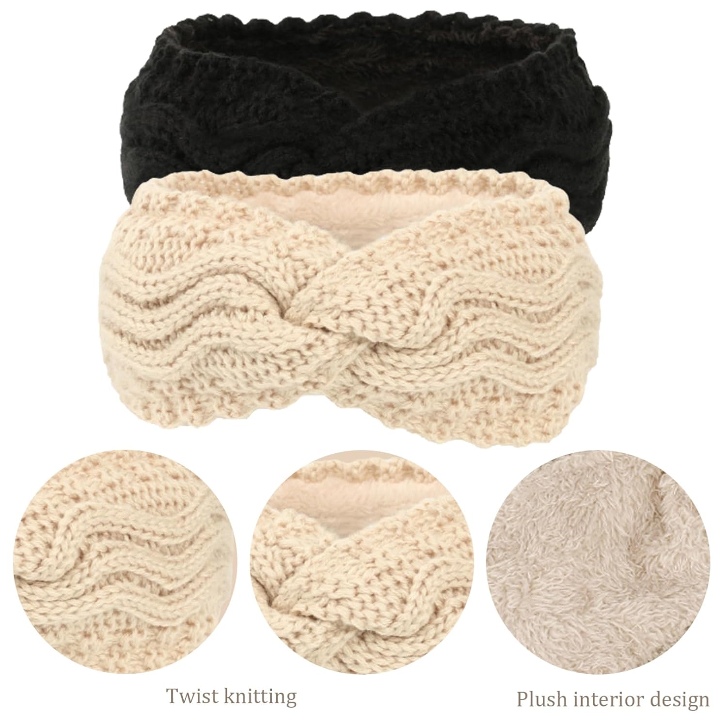 Winter Knitted Ear Warmers Headband - Beige and Black - Warm - One Size - 2 Pack - Image 2