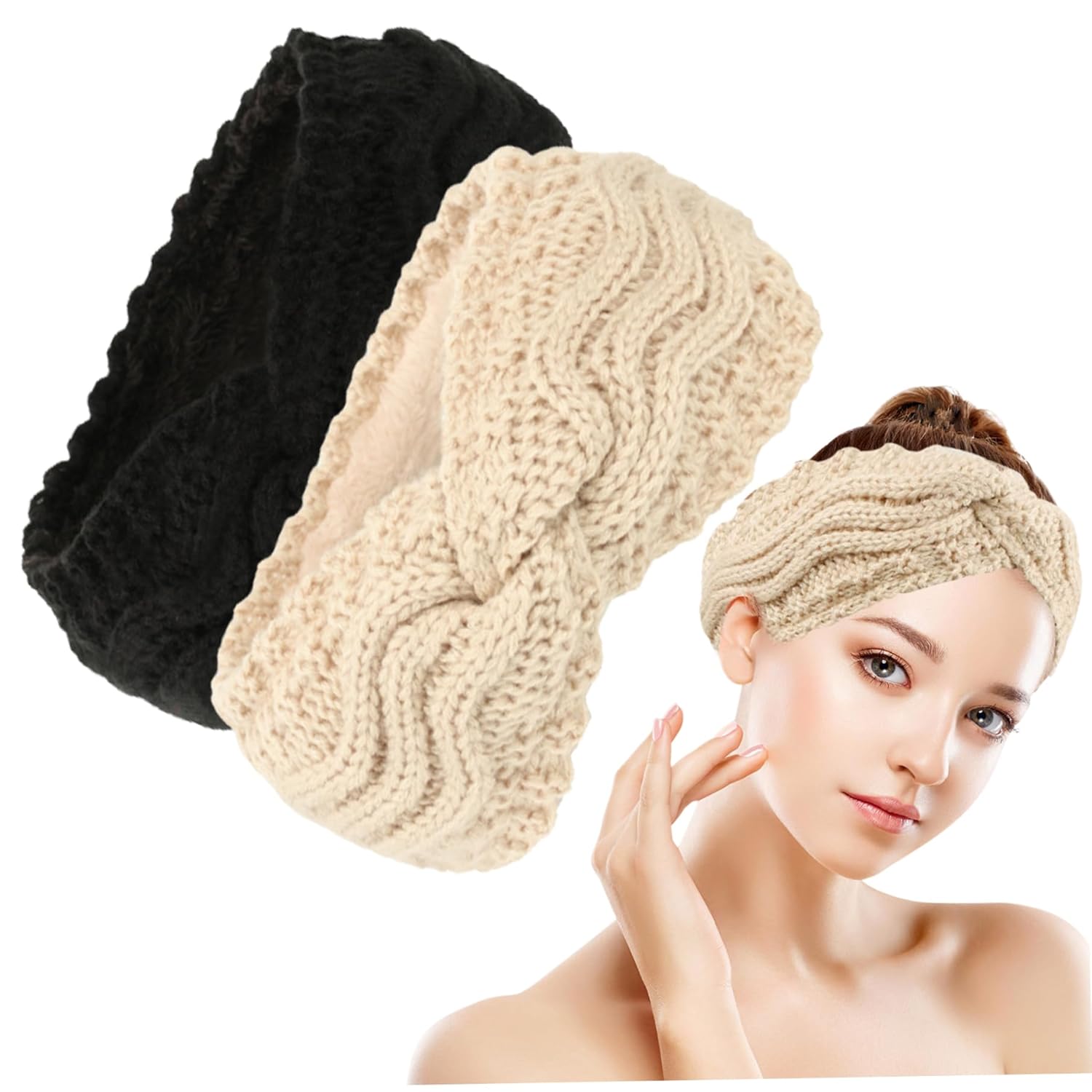 Winter Knitted Ear Warmers Headband - Beige and Black - Warm - One Size - 2 Pack - Image 3