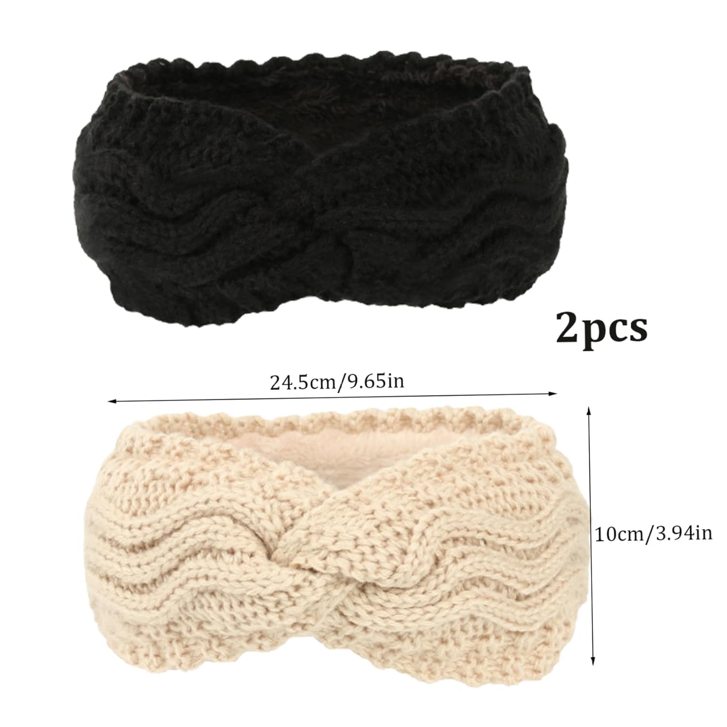 Winter Knitted Ear Warmers Headband - Beige and Black - Warm - One Size - 2 Pack - Image 4