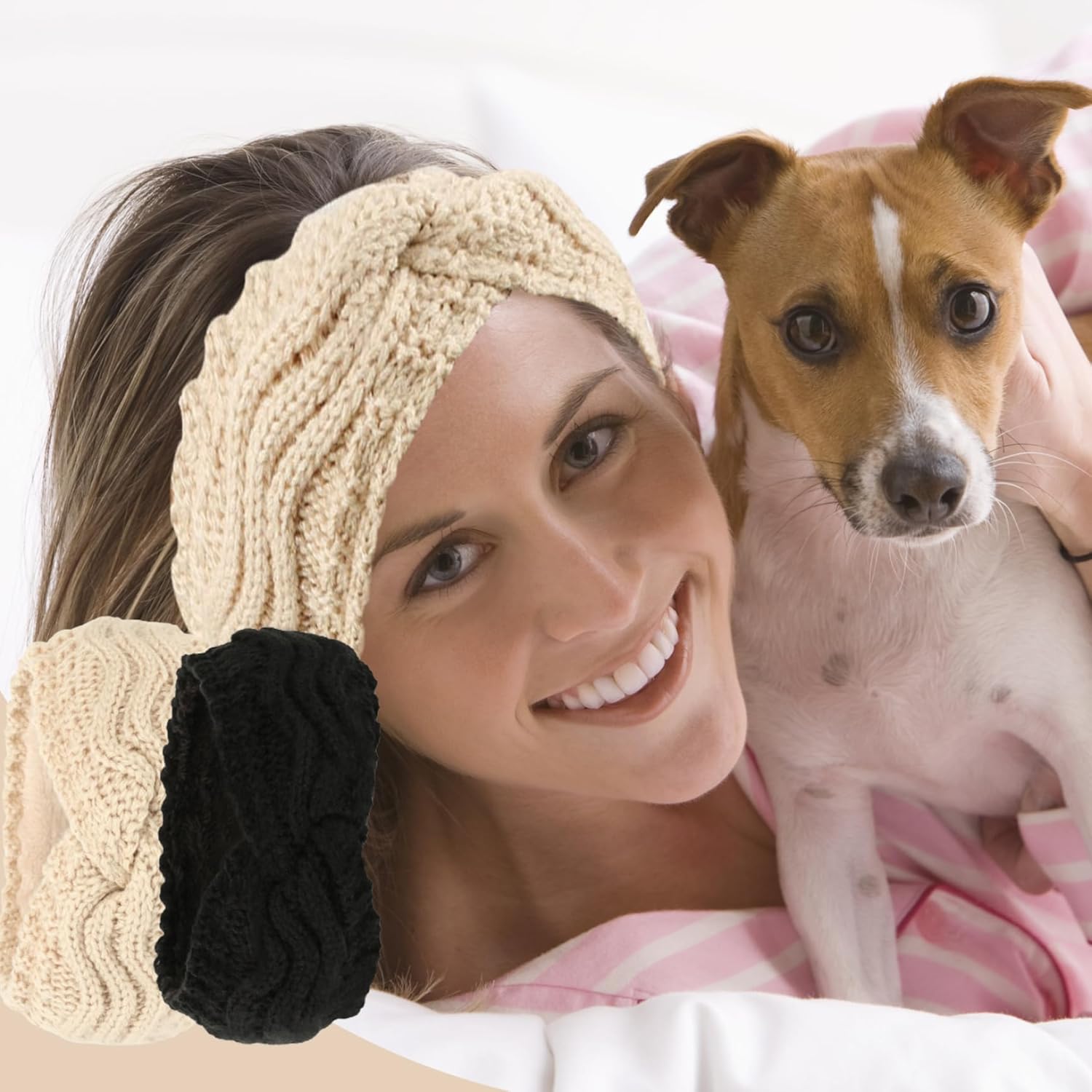Winter Knitted Ear Warmers Headband - Beige and Black - Warm - One Size - 2 Pack - Image 5