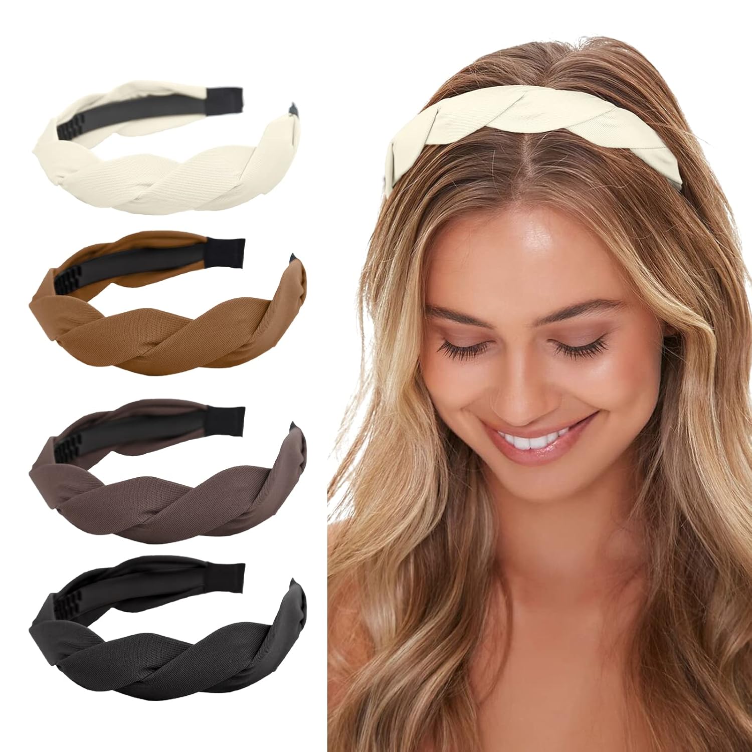 Women's Retro Wide Hairbands Set of 4 - Black White Brown Coffee - Adult Hair Accessories - Image 1