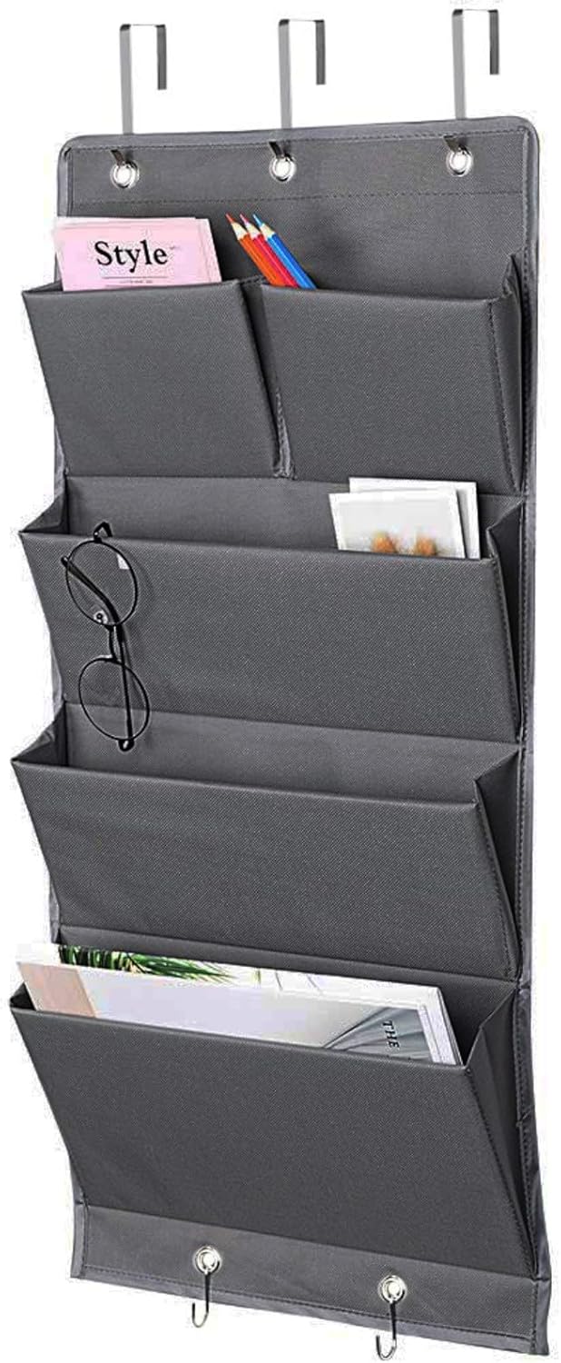 Over Door Organizer 5 Pocket Hanging Storage Bag Grey Wall Mounted Space Saving Organiser - Image 1