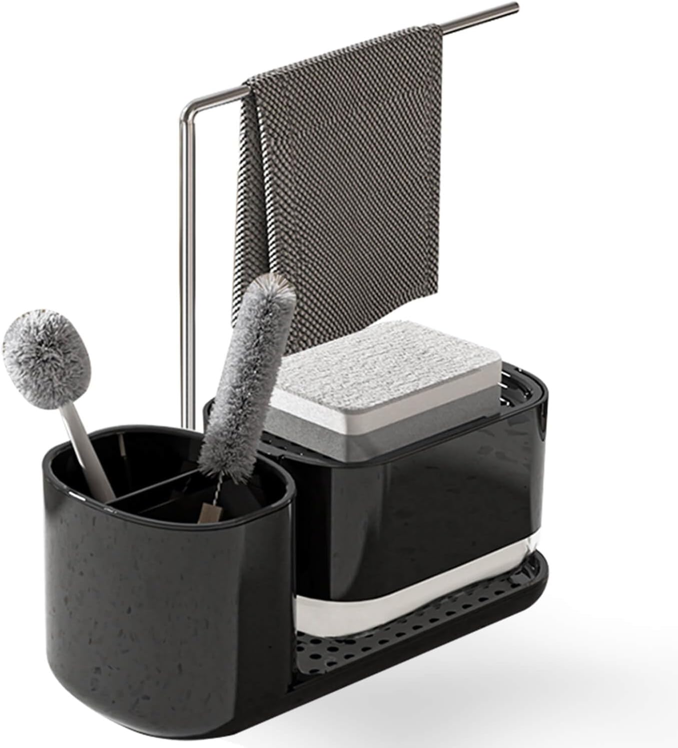 Kitchen Storage Rack with Sink Organizer and Dishcloth Holder - Black - Image 1