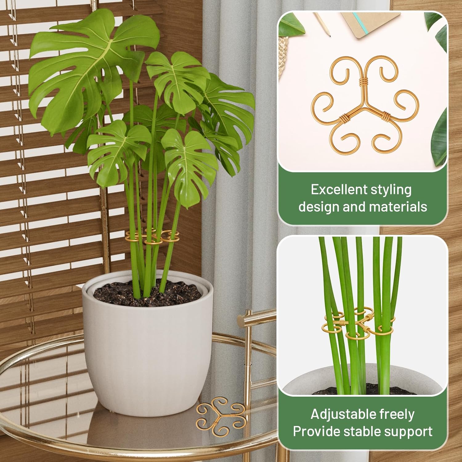 10.5cm x 10.5cm Gold Plant Stem Supports 4 Pack - Indoor Plant Stakes for Tall Plants, Monstera - Plant Anchoring Hooks for Indoor Gardens - Image 4