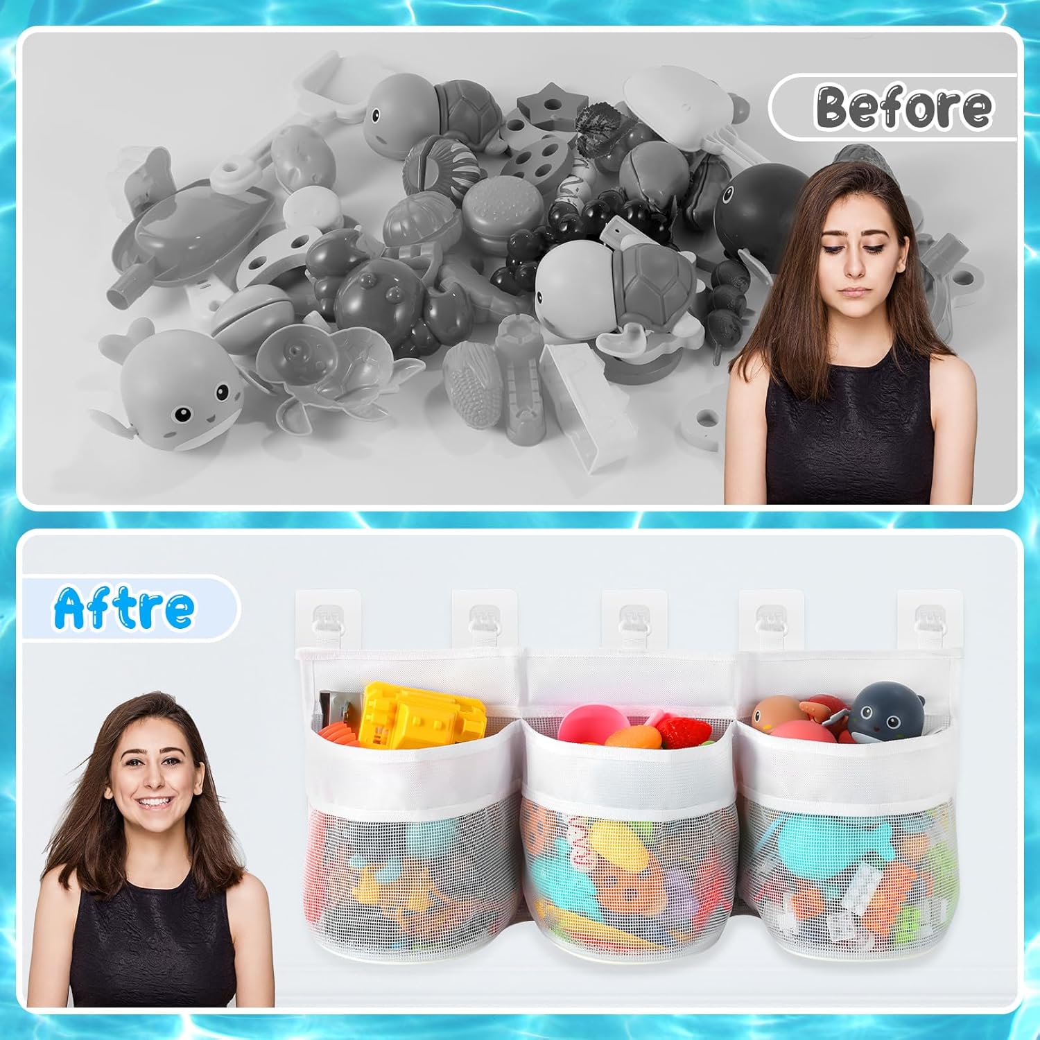 Bathroom Storage Bag with Three Compartments - Bath Toy Organizer - 23.8x9.8x4.7 Inch - White - Image 2