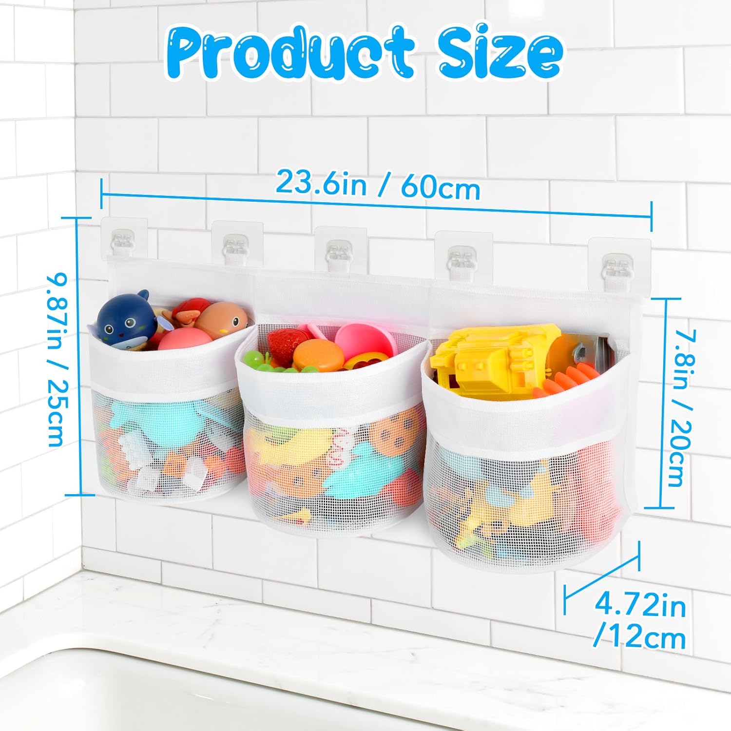 Bathroom Storage Bag with Three Compartments - Bath Toy Organizer - 23.8x9.8x4.7 Inch - White - Image 3