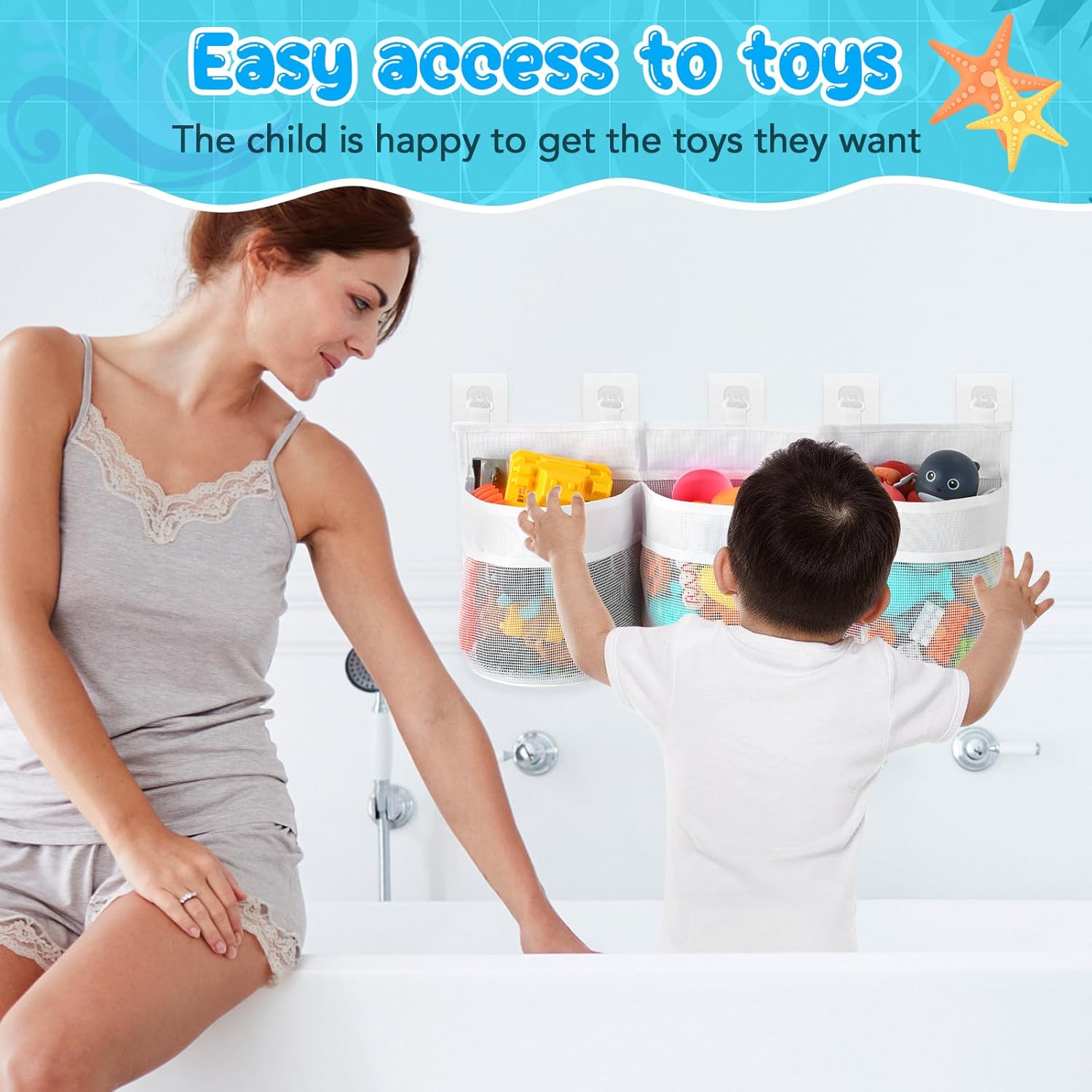 Bathroom Storage Bag with Three Compartments - Bath Toy Organizer - 23.8x9.8x4.7 Inch - White - Image 5