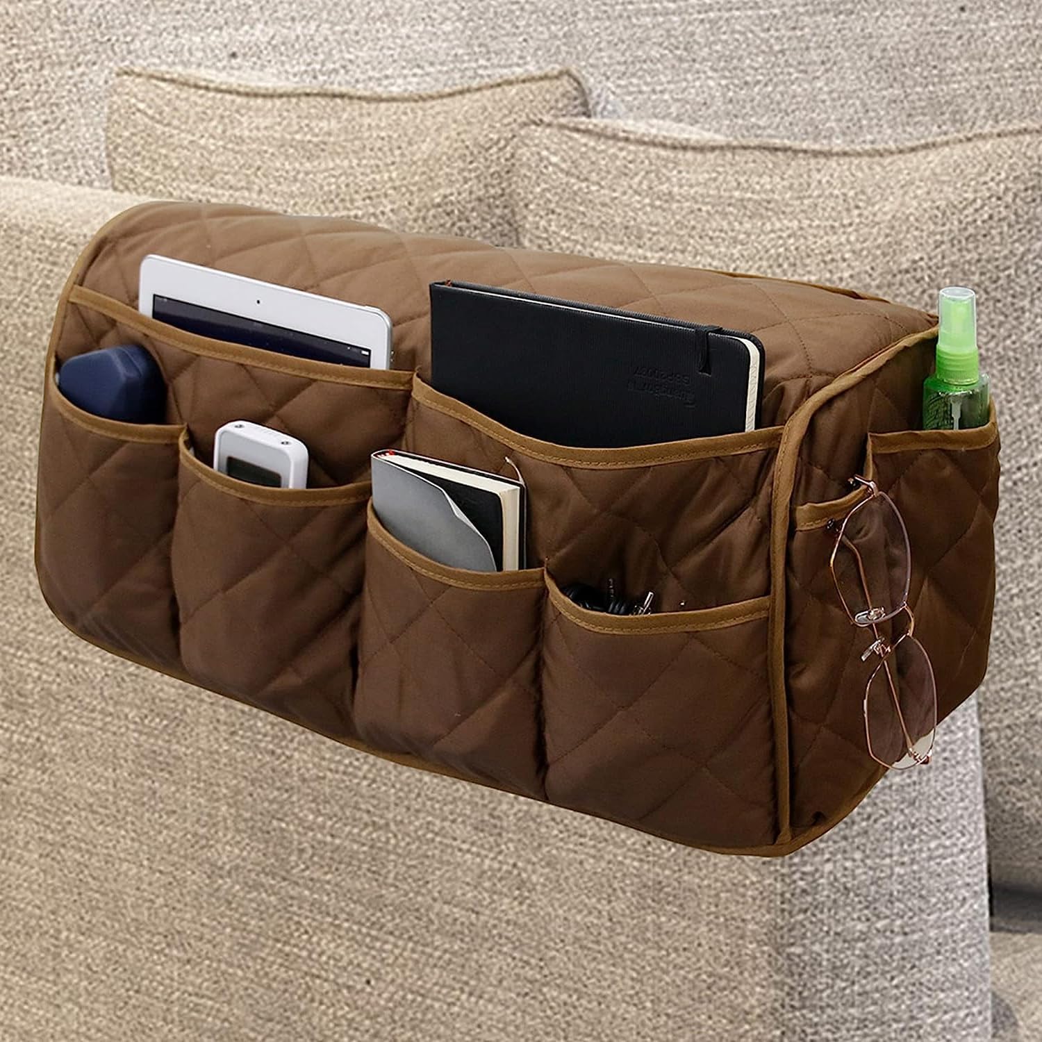 Armrest Organizer Car Storage Caddy with Phone Book Magazine Pen Holder 18.7×8.7×6inch Brown - Image 1