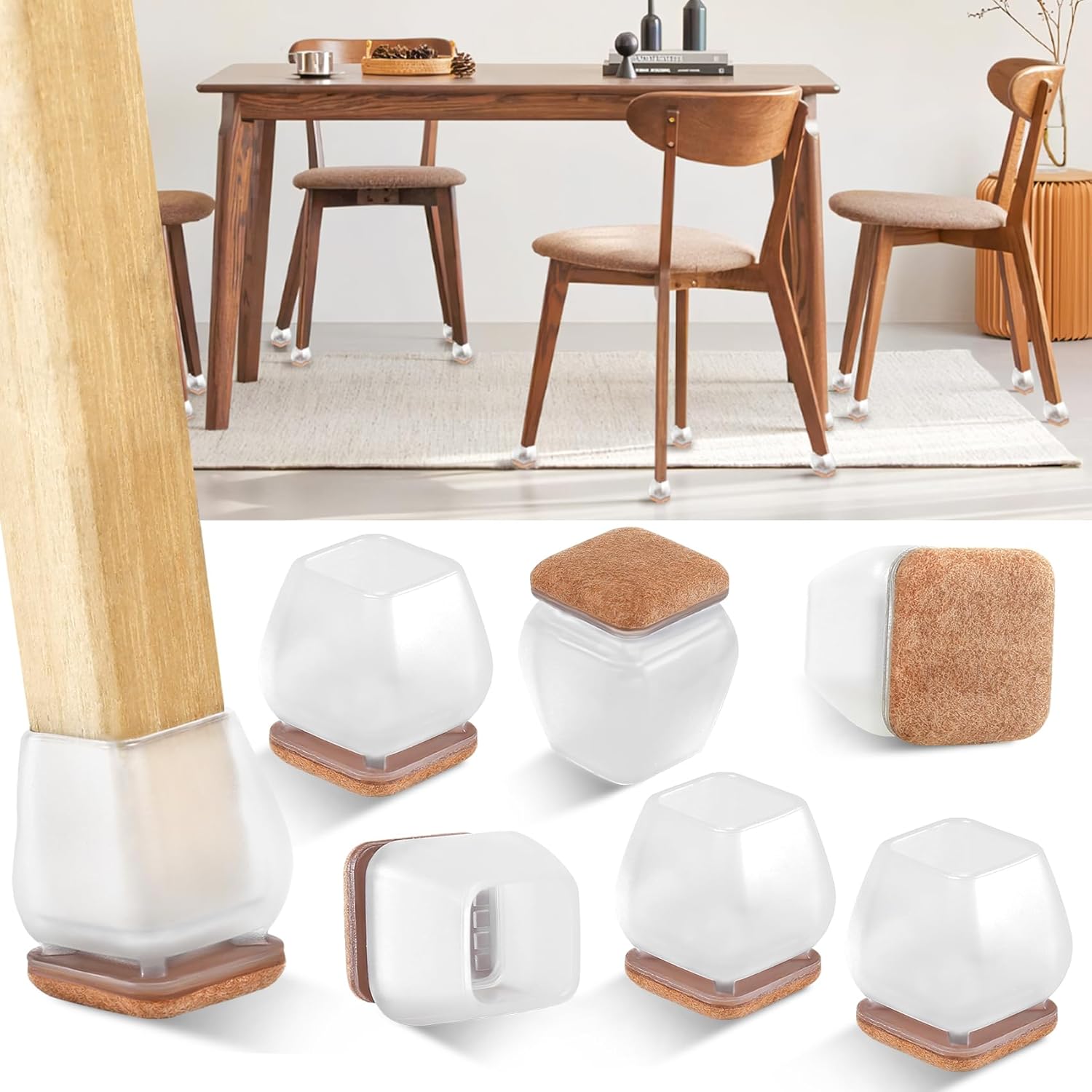 Furniture Leg Caps 30-45mm Transparent Non-Slip Felt Pads Floor Protectors Chair Table Feet Covers Set of 16 - Image 1