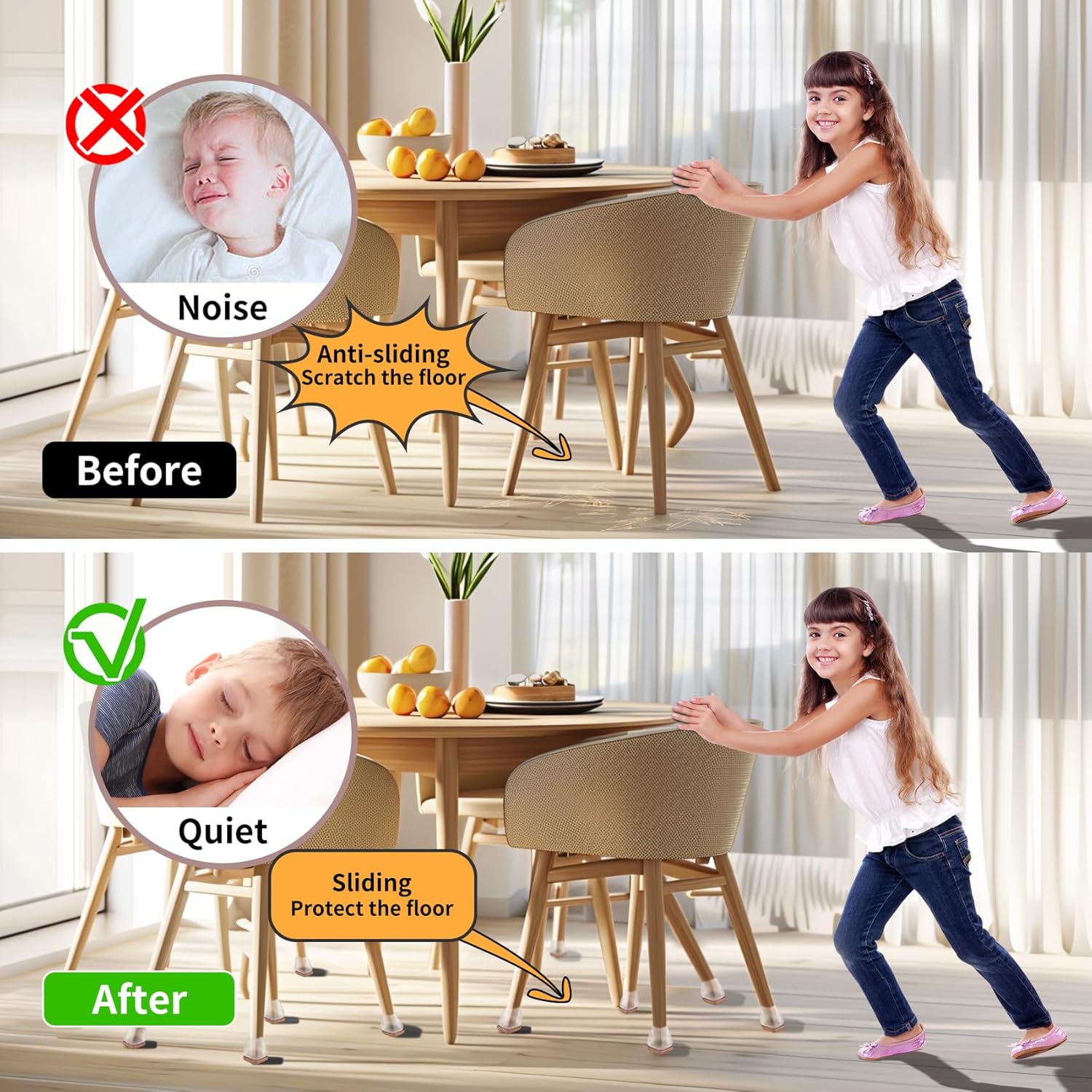 Furniture Leg Caps 30-45mm Transparent Non-Slip Felt Pads Floor Protectors Chair Table Feet Covers Set of 16 - Image 3