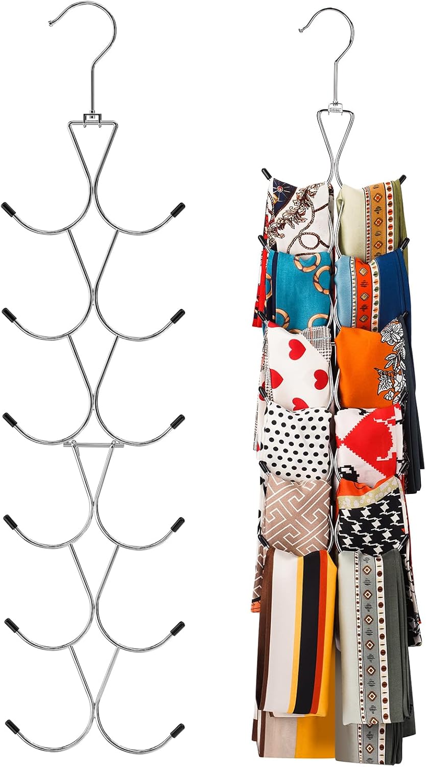 12 Hook 360° Rotating Multifunctional Hanger for Scarves Bags Hats - Silver Closet Organizer - Image 1