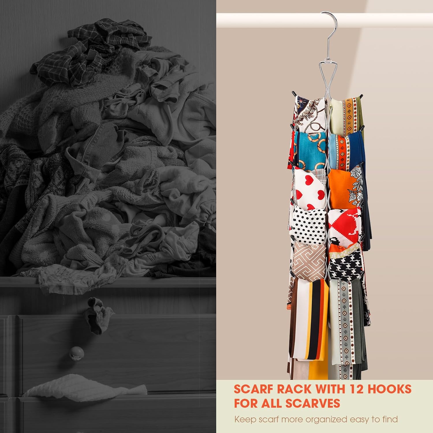12 Hook 360° Rotating Multifunctional Hanger for Scarves Bags Hats - Silver Closet Organizer - Image 2