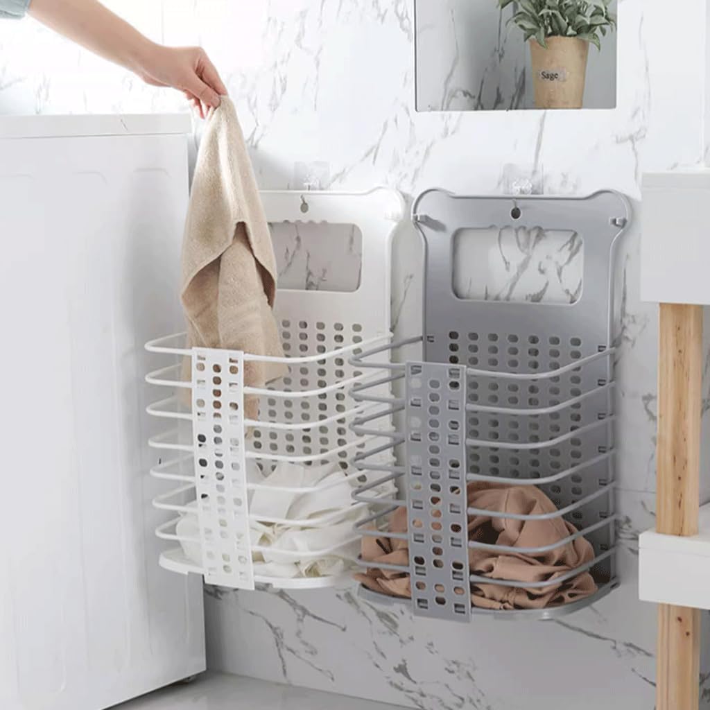 Collapsible Laundry Hamper - Foldable Space-Saving Design - Ideal for Bathroom & Small Spaces - Includes Self-Adhesive Hook - Grey - Set of 1 - Image 3