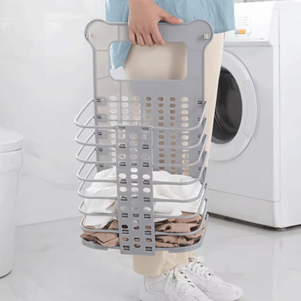 Collapsible Laundry Hamper - Foldable Space-Saving Design - Ideal for Bathroom & Small Spaces - Includes Self-Adhesive Hook - Grey - Set of 1 - Image 4