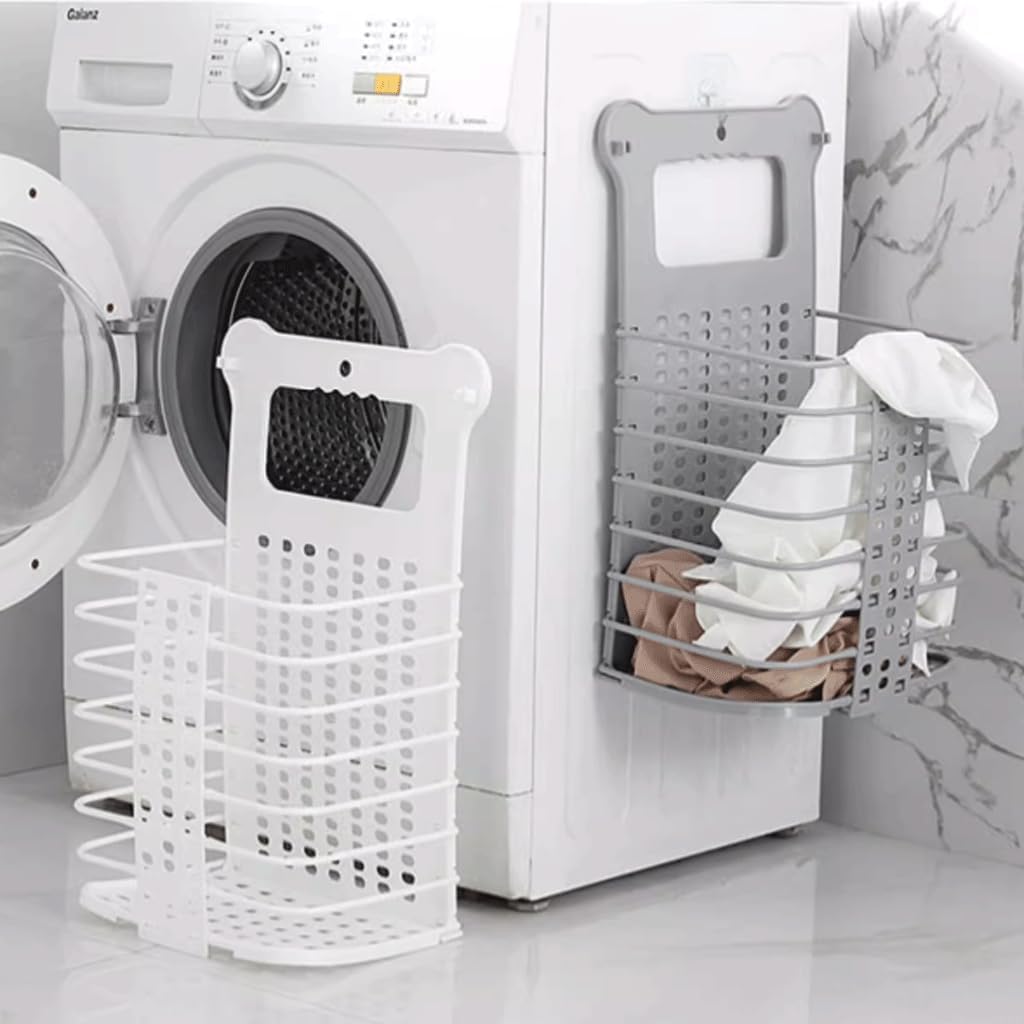 Collapsible Laundry Hamper - Foldable Space-Saving Design - Ideal for Bathroom & Small Spaces - Includes Self-Adhesive Hook - Grey - Set of 1 - Image 5