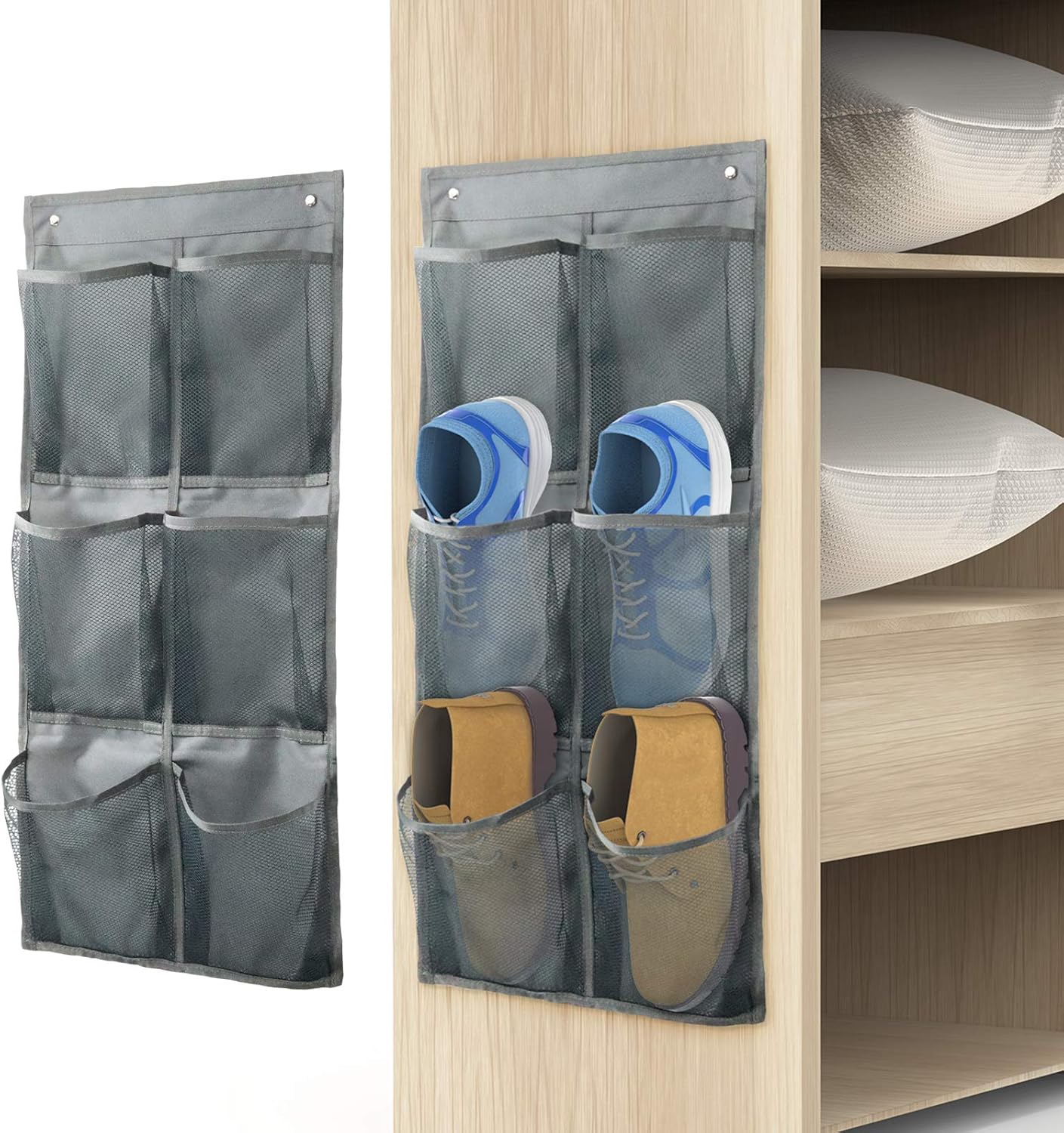 Hanging Shoe Organizer Over Door 2 Pack 6 Large Pockets No Drill Storage Solution Grey - Image 1