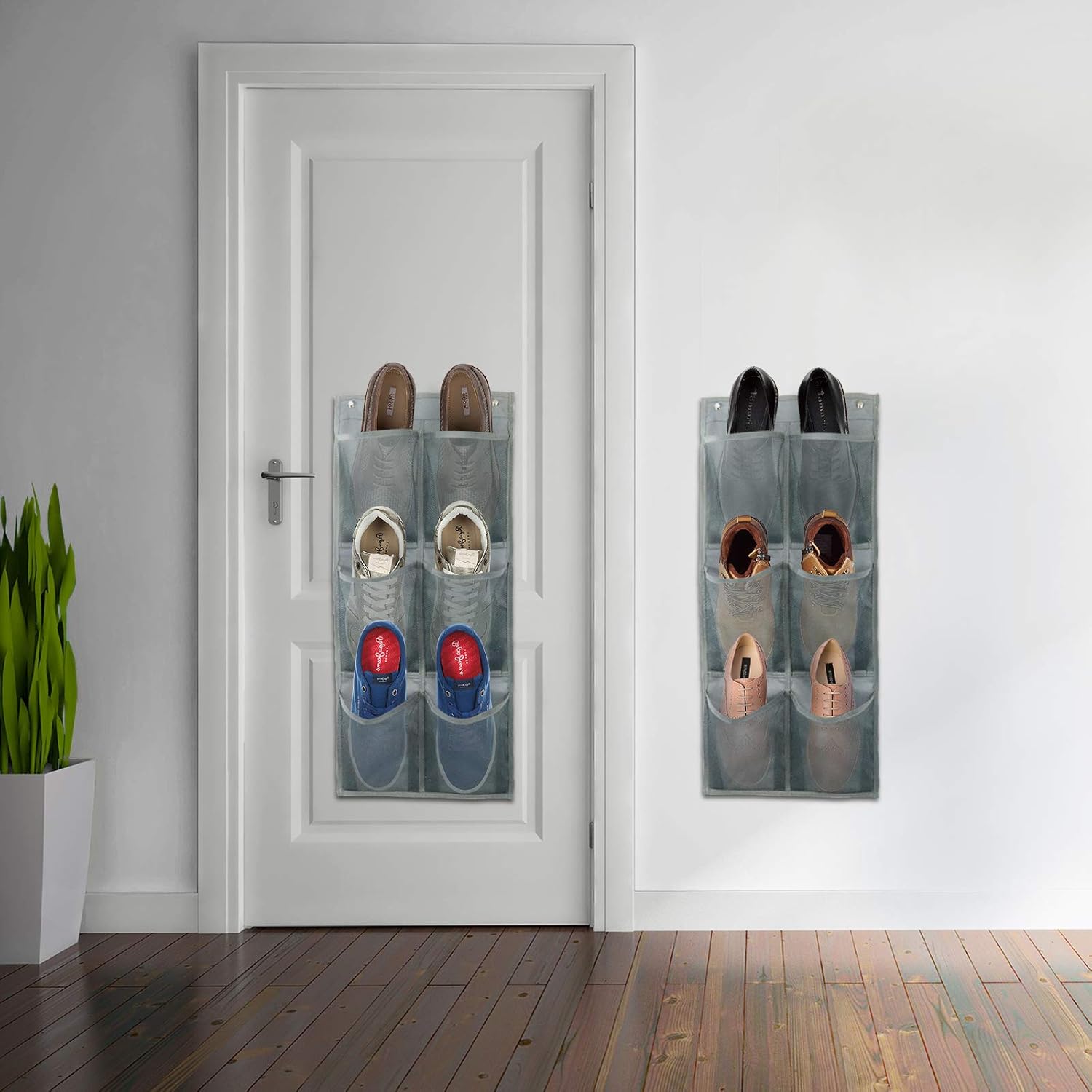 Hanging Shoe Organizer Over Door 2 Pack 6 Large Pockets No Drill Storage Solution Grey - Image 5