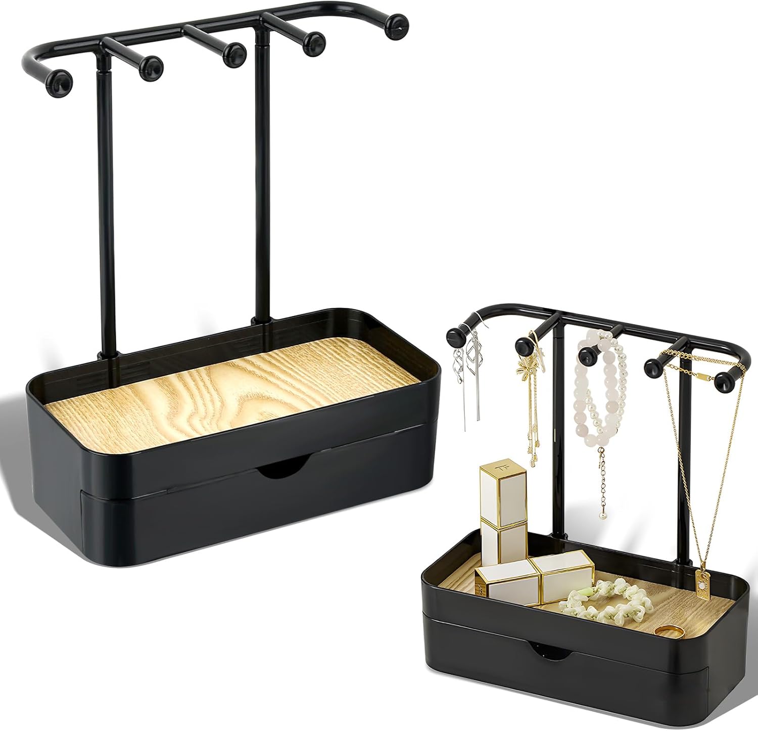 Industrial Jewelry Organizer with Wooden Tray - Necklace Holder & Storage for Women - Black - Gift Idea - Image 1