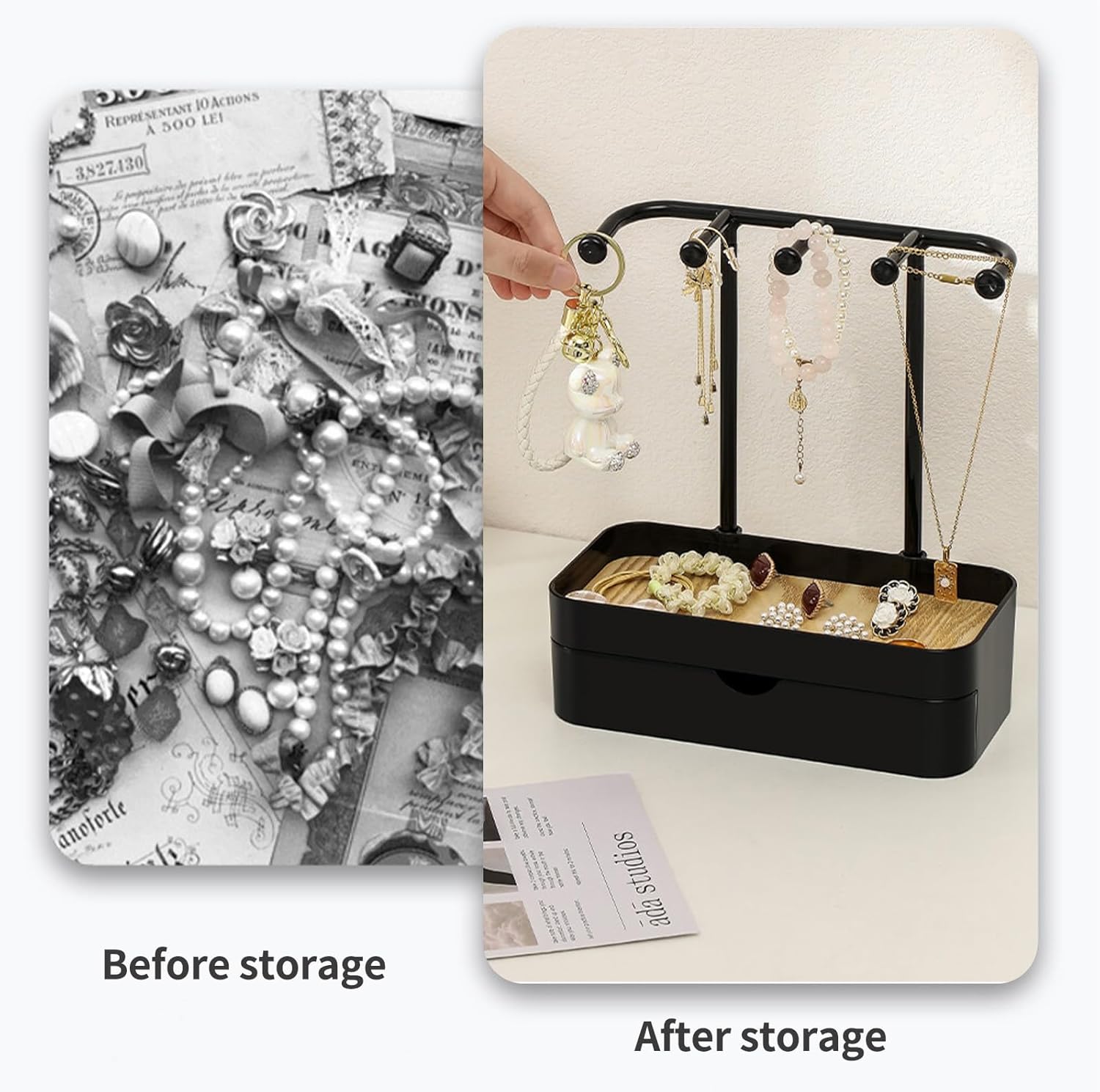 Industrial Jewelry Organizer with Wooden Tray - Necklace Holder & Storage for Women - Black - Gift Idea - Image 3