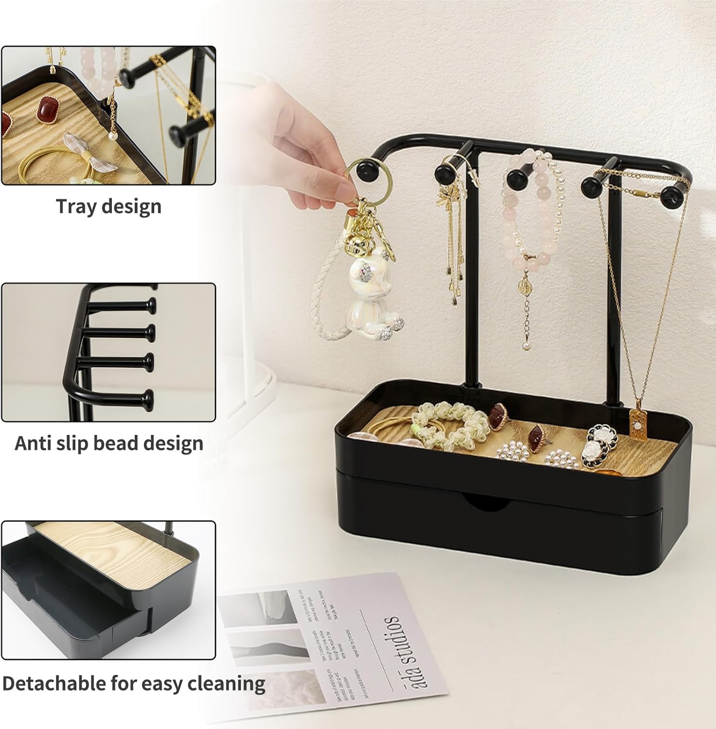 Industrial Jewelry Organizer with Wooden Tray - Necklace Holder & Storage for Women - Black - Gift Idea - Image 4