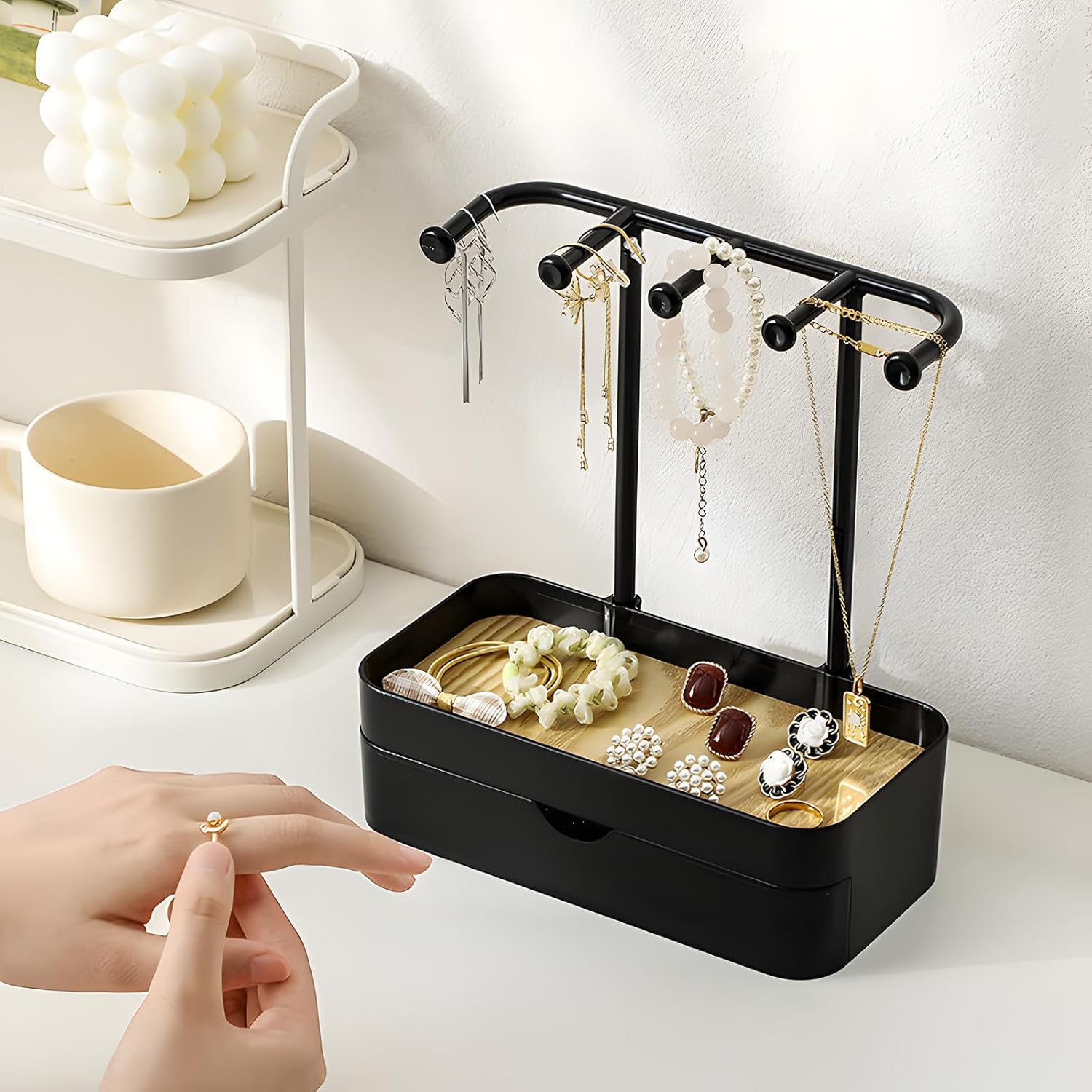 Industrial Jewelry Organizer with Wooden Tray - Necklace Holder & Storage for Women - Black - Gift Idea - Image 5