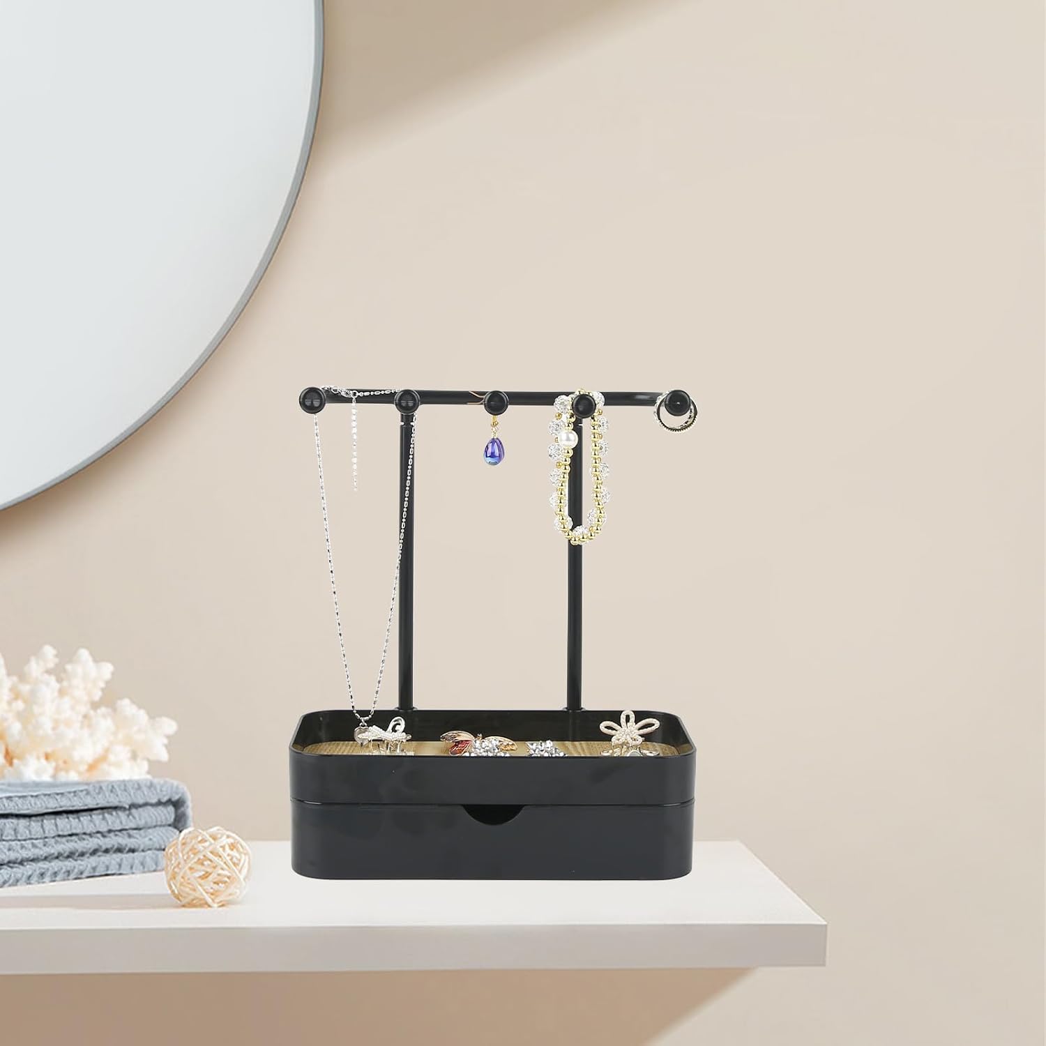 Industrial Jewelry Organizer with Wooden Tray - Necklace Holder & Storage for Women - Black - Gift Idea - Image 6