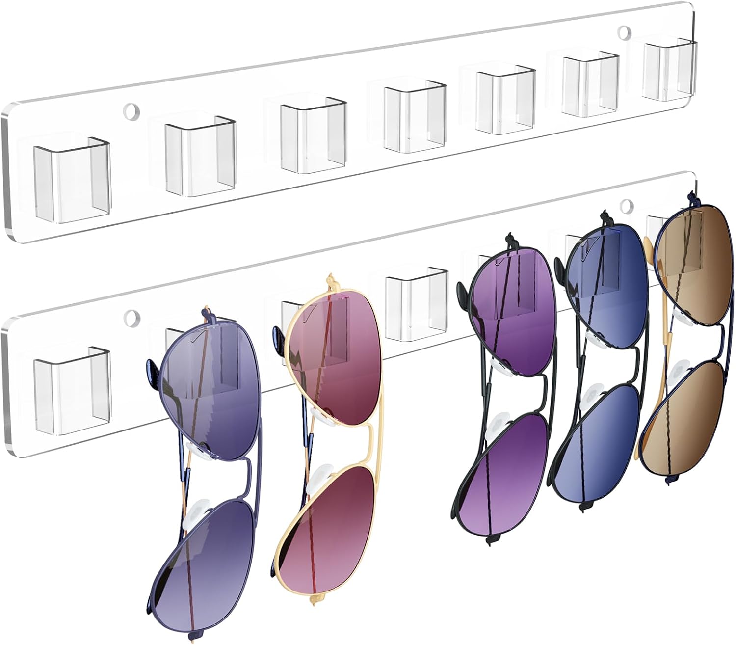 Wall Mounted Sunglasses Organizer Set of 2 Acrylic Rack Holds 14 Glasses No Drill Hanging System Transparent - Image 1
