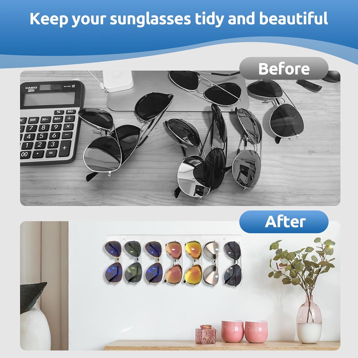 Wall Mounted Sunglasses Organizer Set of 2 Acrylic Rack Holds 14 Glasses No Drill Hanging System Transparent - Image 4