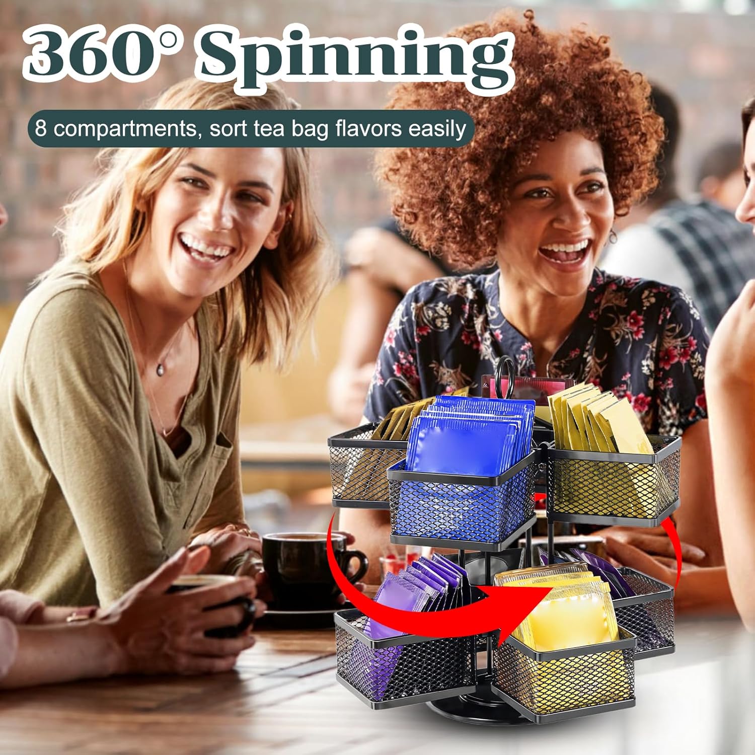 Rotating Tea Bag Organizer for 96 Sachets - Black Metal Revolving Tea Storage Holder - Luxury Kitchen & Office Gift - Image 3