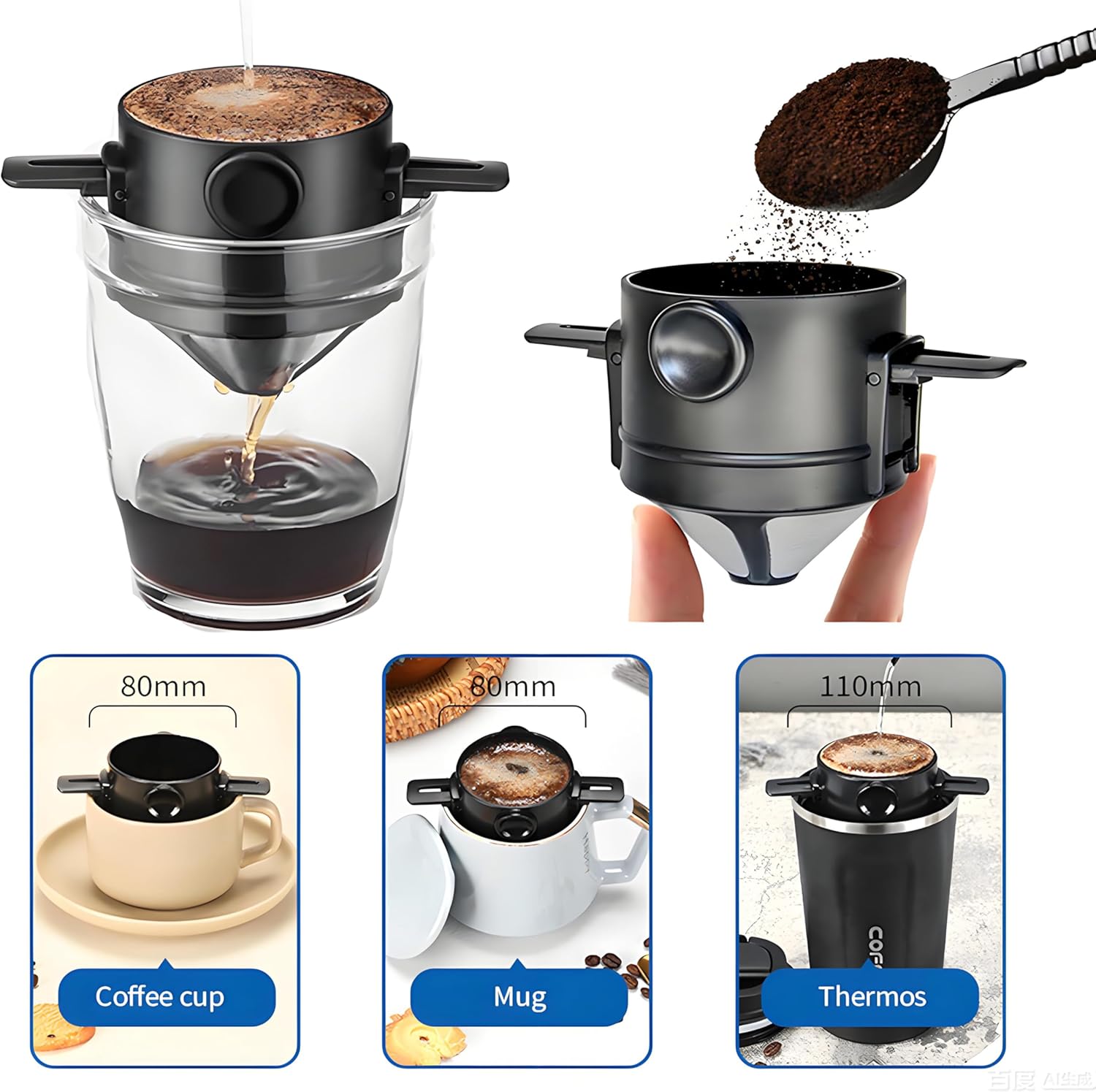 Reusable Stainless Steel Pour Over Coffee Dripper Filter Holder for Sustainable Slow Coffee at Home & Travel Black - Image 4