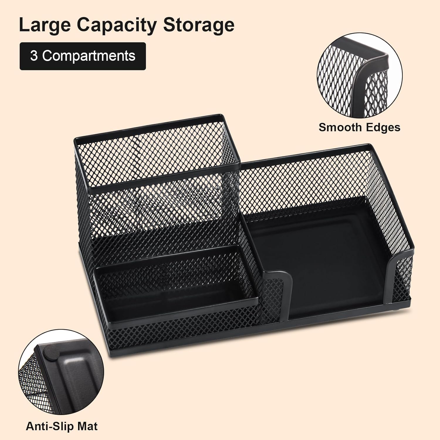 Black 3 Compartment Metal Mesh Pen Holder Desk Organizer for Office and Home Work - 1 Piece - Image 3