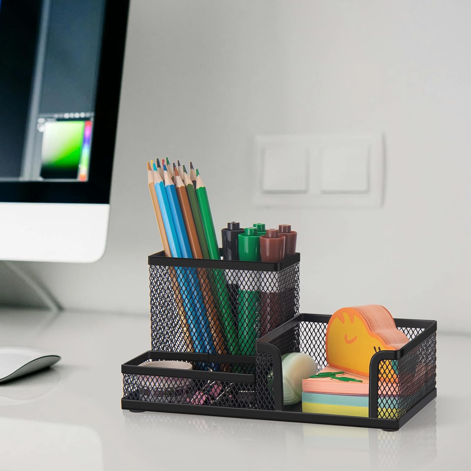 Black 3 Compartment Metal Mesh Pen Holder Desk Organizer for Office and Home Work - 1 Piece - Image 5