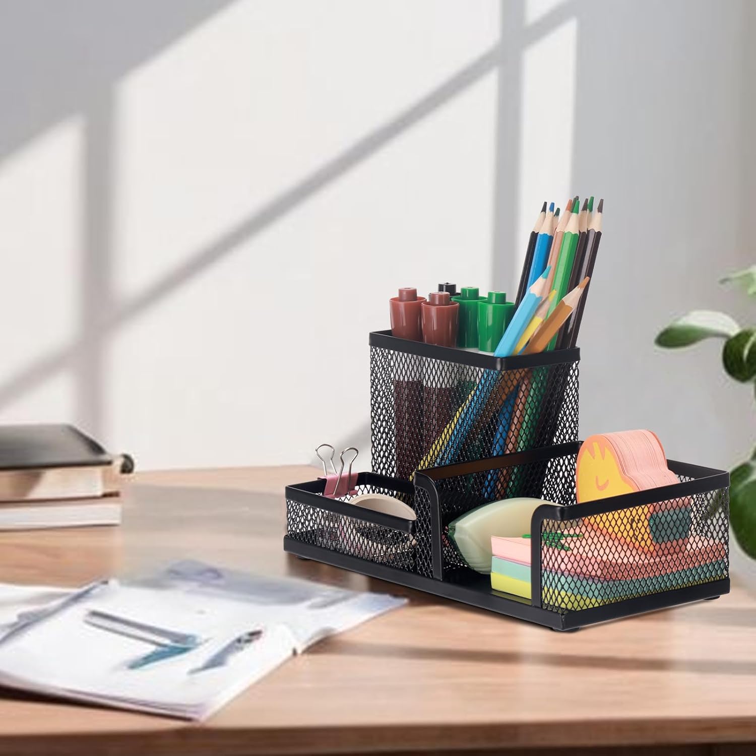 Black 3 Compartment Metal Mesh Pen Holder Desk Organizer for Office and Home Work - 1 Piece - Image 6