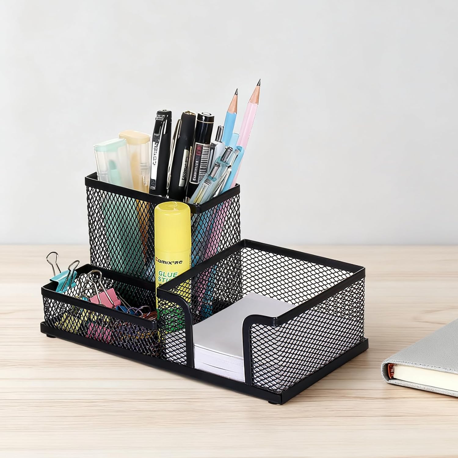 Black 3 Compartment Metal Mesh Pen Holder Desk Organizer for Office and Home Work - 1 Piece - Image 7