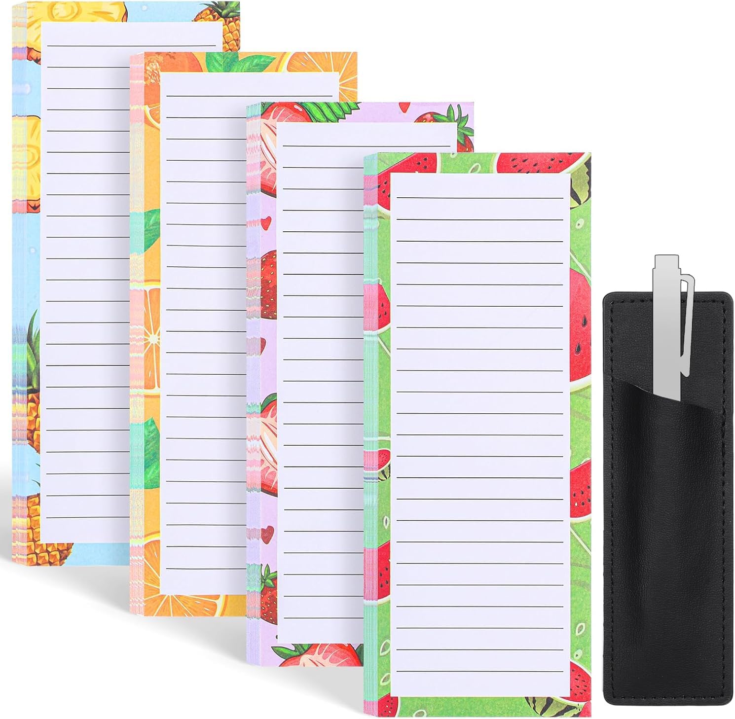 Magnetic Fruit Design Notepads 4 Pack 200 Sheets with Pen Holder for Refrigerator Grocery List - Image 1