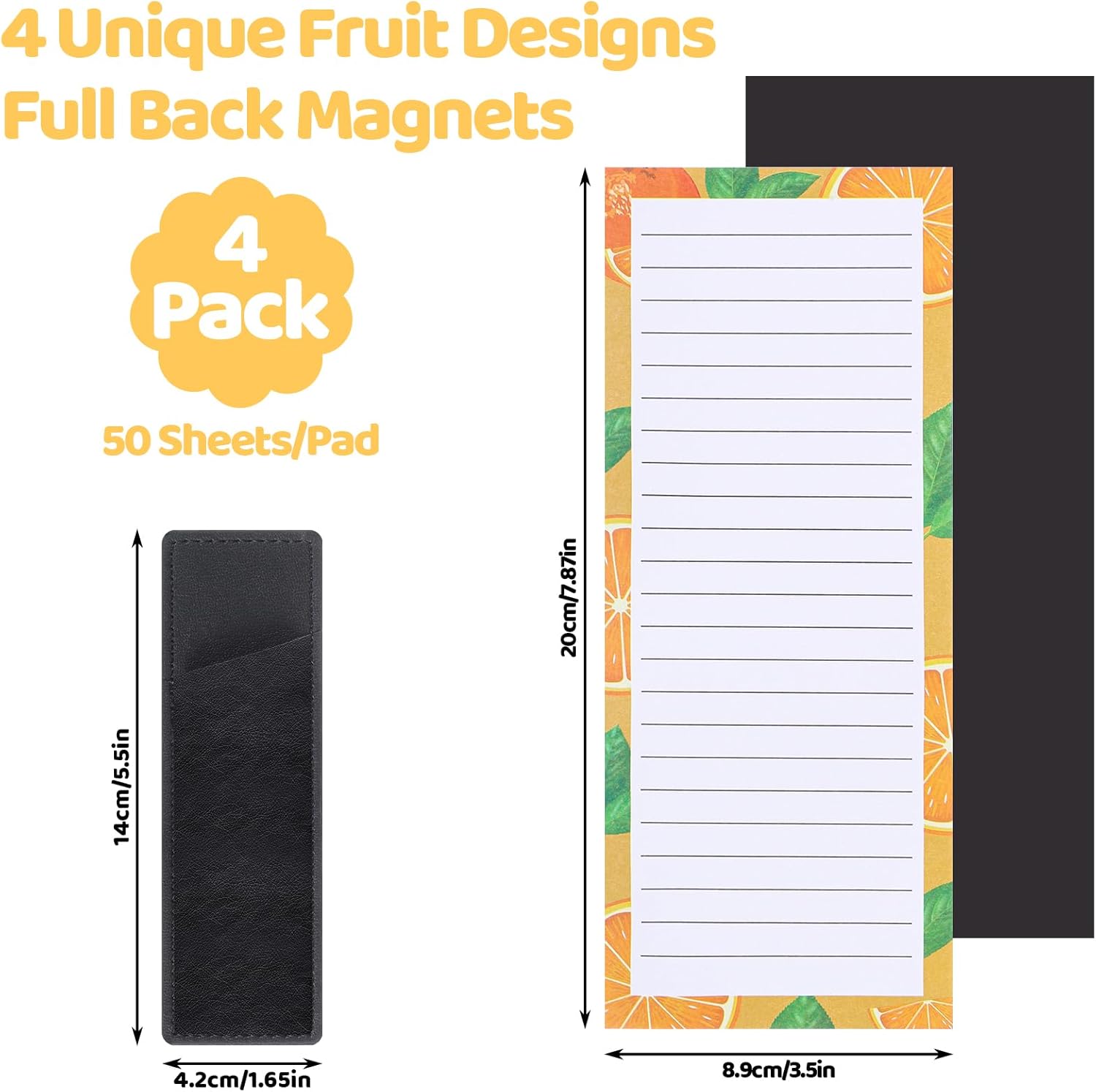 Magnetic Fruit Design Notepads 4 Pack 200 Sheets with Pen Holder for Refrigerator Grocery List - Image 2