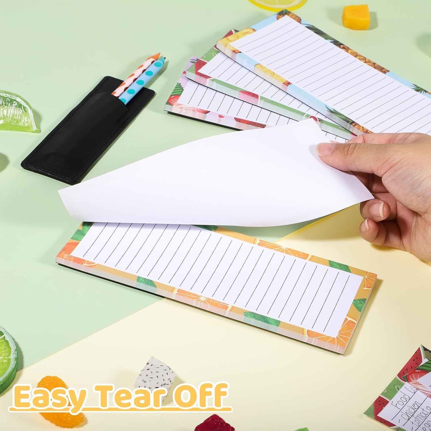 Magnetic Fruit Design Notepads 4 Pack 200 Sheets with Pen Holder for Refrigerator Grocery List - Image 3