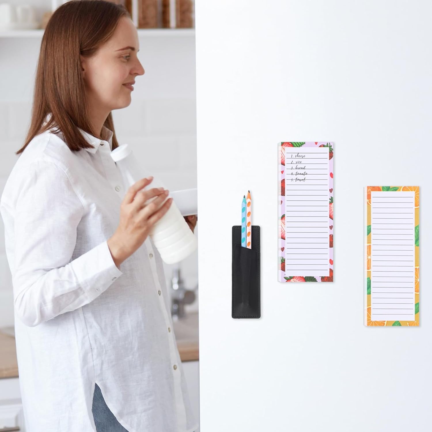 Magnetic Fruit Design Notepads 4 Pack 200 Sheets with Pen Holder for Refrigerator Grocery List - Image 7