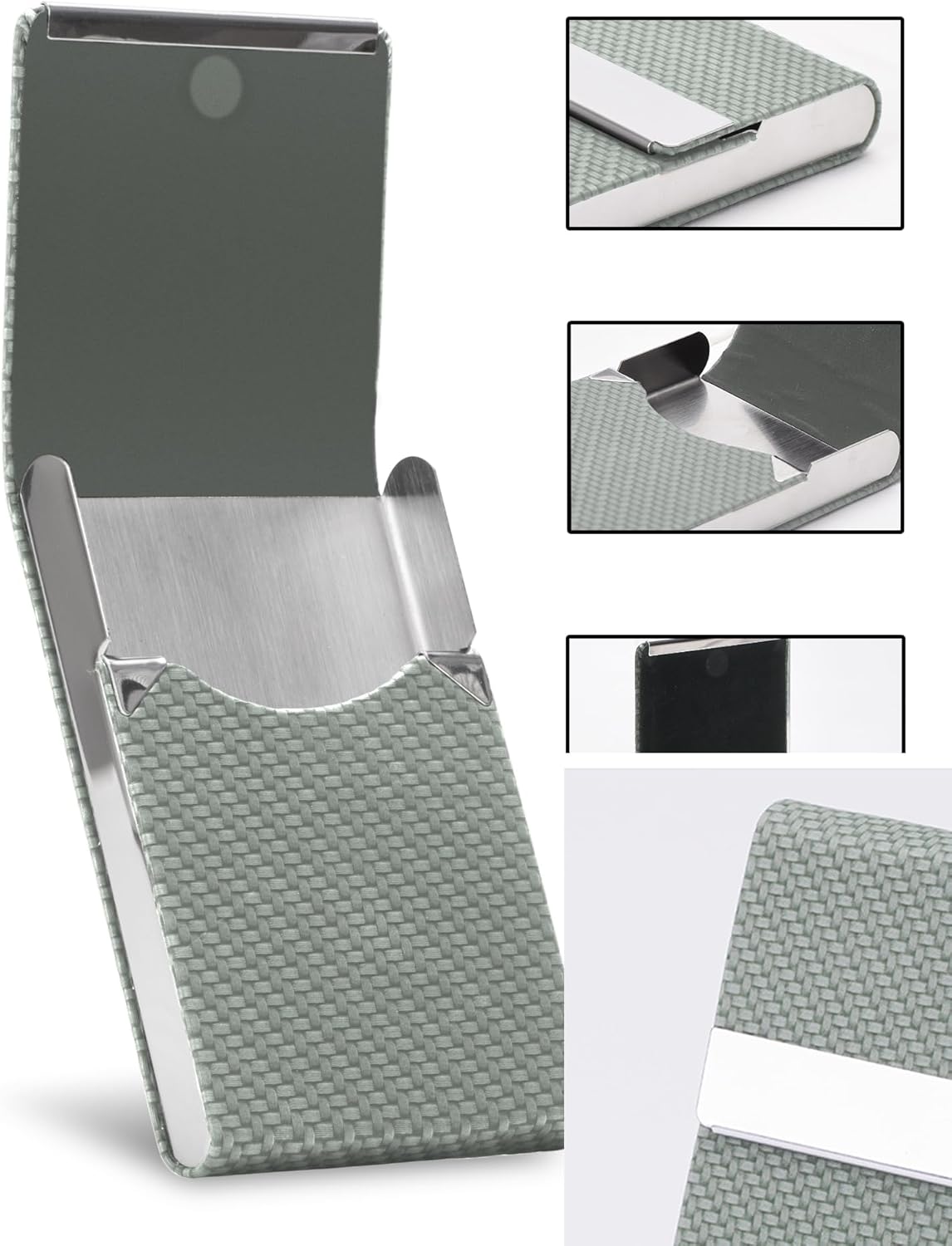 Men's Leather & Stainless Steel Magnetic Business Card Holder - Premium PU Leather & Metal Card Case - Forest Green - Image 2
