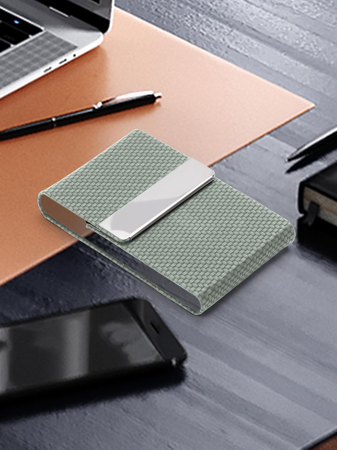 Men's Leather & Stainless Steel Magnetic Business Card Holder - Premium PU Leather & Metal Card Case - Forest Green - Image 5