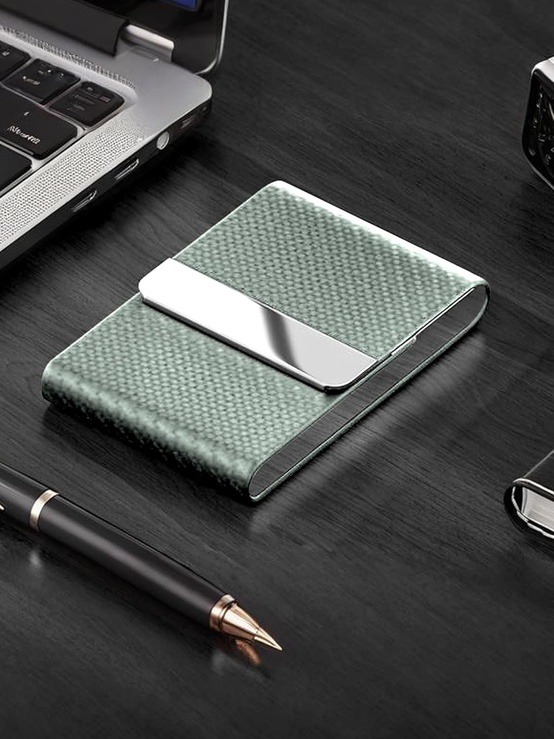 Men's Leather & Stainless Steel Magnetic Business Card Holder - Premium PU Leather & Metal Card Case - Forest Green - Image 6
