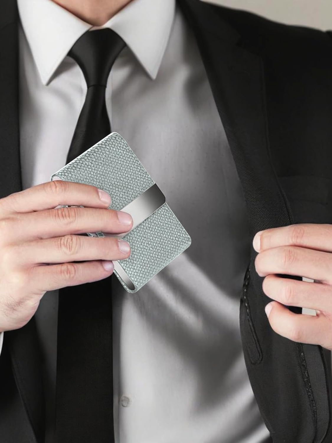 Men's Leather & Stainless Steel Magnetic Business Card Holder - Premium PU Leather & Metal Card Case - Forest Green - Image 7