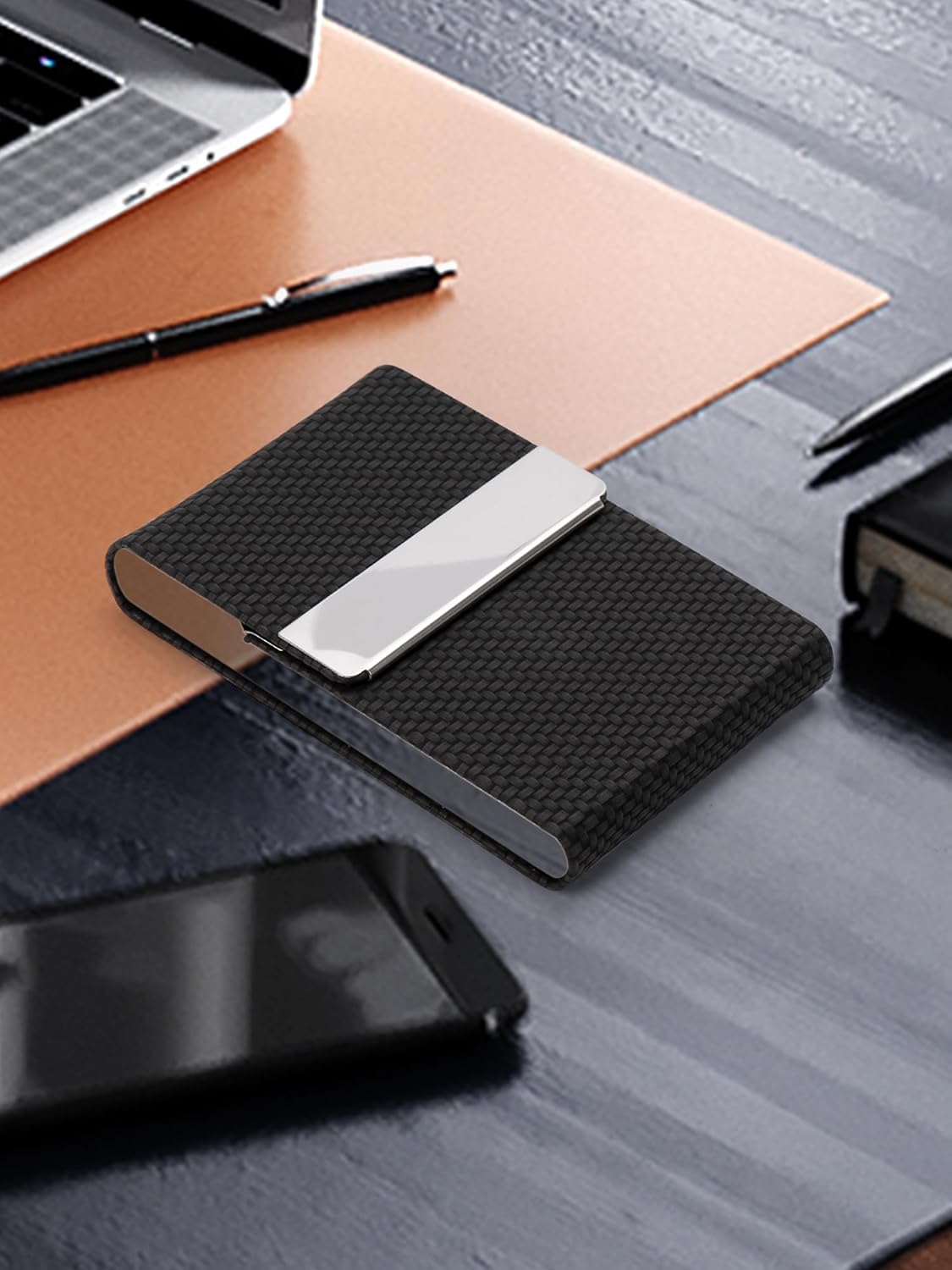 Men's PU Leather and Stainless Steel Magnetic Closure Credit Card Holder Luxury Business Card Case Black - Image 6