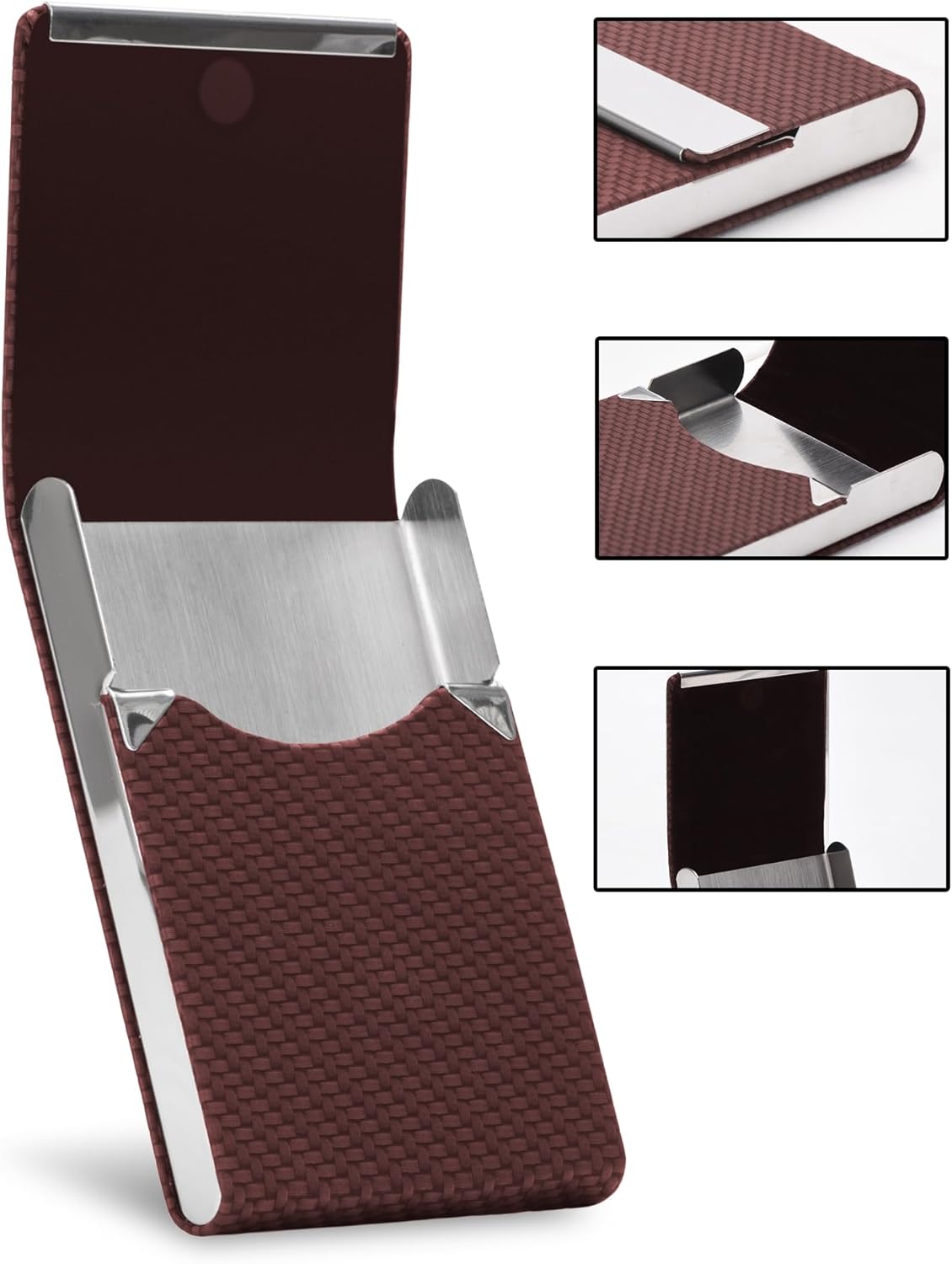 Men's Premium Leather & Stainless Steel Business Card Holder with Magnetic Closure - Brown - Image 2
