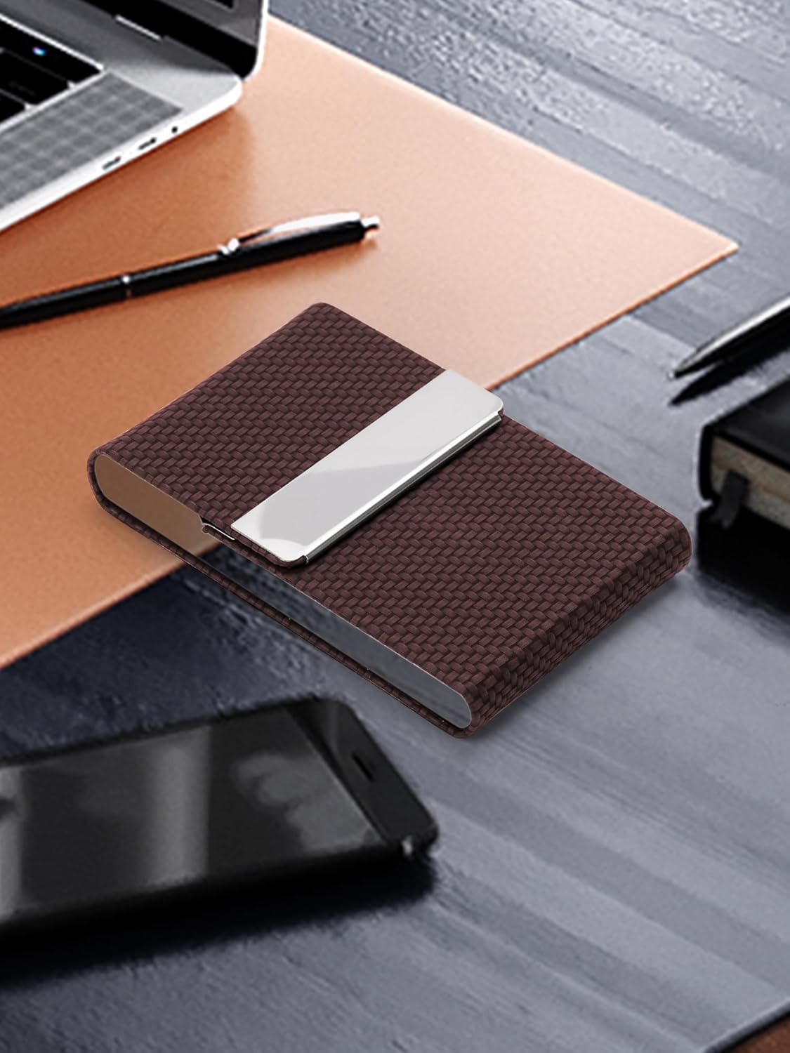 Men's Premium Leather & Stainless Steel Business Card Holder with Magnetic Closure - Brown - Image 5